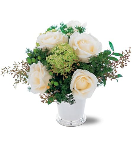 Silver Mint Julep Bouquet - Celebrating an anniversary? Feeling romantic? This impressive bouquet in a stunning silver keepsake vase will show how much they mean to you. Roses viburnum and hypericum are delivered in Teleflora's mint julep cup.Approximately 11&quot; W x 12&quot; H Orientation: All-Around As Shown : TF119-2