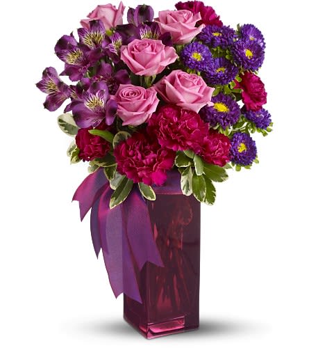 Bunches of Blooms by Teleflora - Shades of Milan this dramatic and fashionable array of pink red and purple flowers in a contemporary dark red vase makes a powerful style statement. &quot;Chic&quot; doesn't do it justice. Dazzle someone you love. The spectacular bouquet includes pink roses dark purple alstroemeria magenta carnations and purple Matsumoto asters accented with variegated pittosporum and purple ribbon -delivered in a plum square glass vase. Bouquet is approximately 13&quot; W X 18&quot; H Orientation: All-Around As Shown : TFWEB571