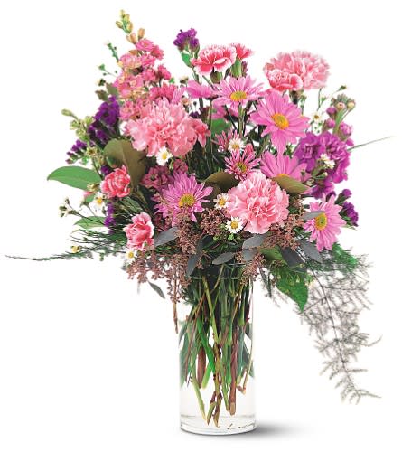 Sentiments Bouquet - This simple bouquet filled with pinks and lavenders is the perfect gesture to show how much you care. Contains pink standard and miniature carnations lavender stock and daisies purple statice and white Monte Cassino asters in a cylindrical glass vase.Approximately 13&quot; W x 21&quot; H Orientation: All-Around As Shown : TF184-1