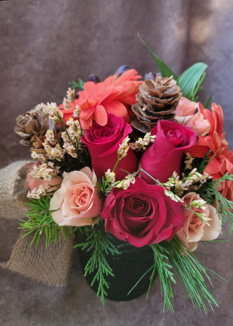 Feeling Festive - Roses, Gerbera, Pine cones, Pine leaves