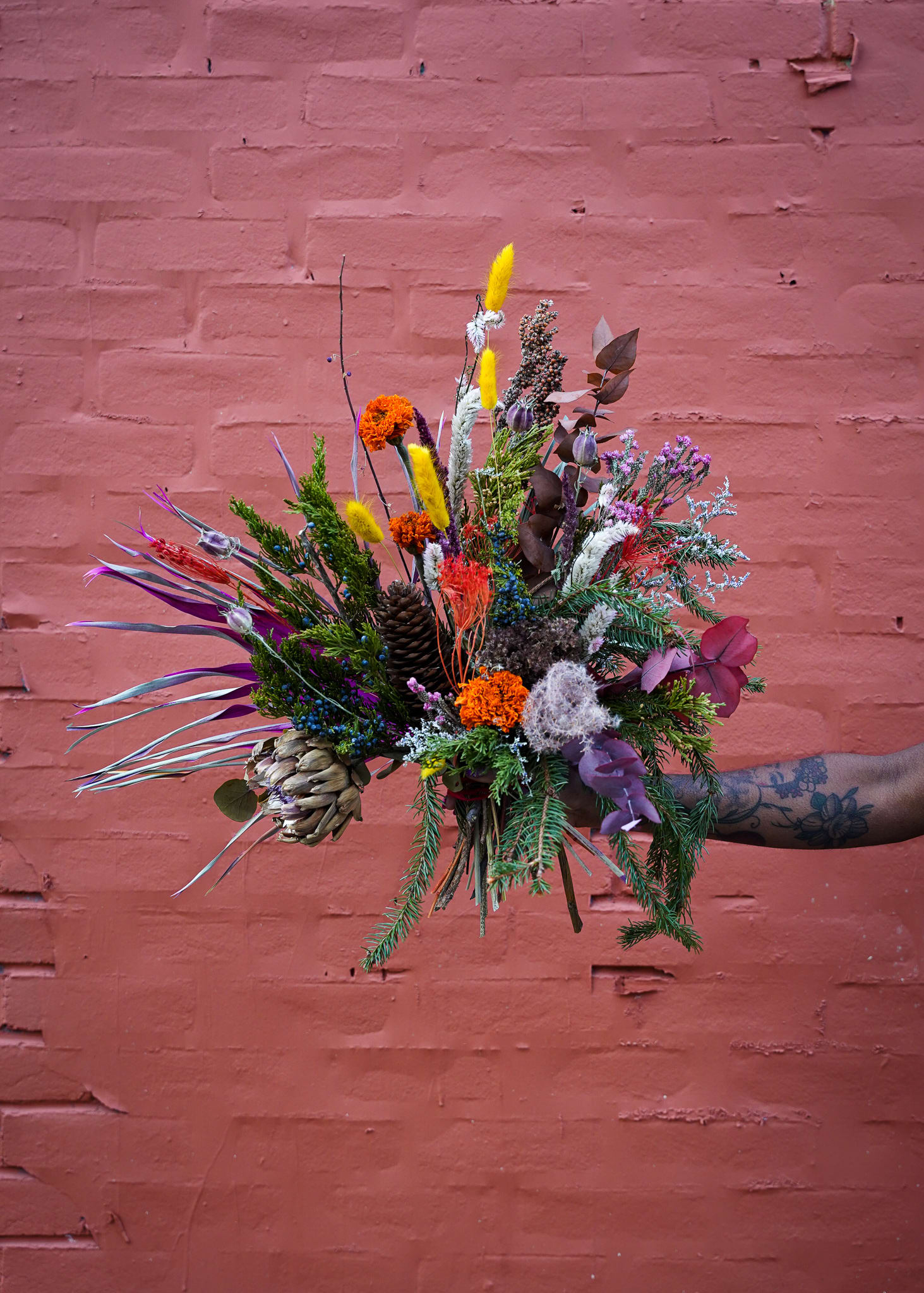 Medium Mix - Dried Edition  - Gift this everlasting bouquet created using blooms dried in-house throughout the year at our shops and fresh seasonal greens. Each bouquet is unique and colors are limited but requests are welcomed.  