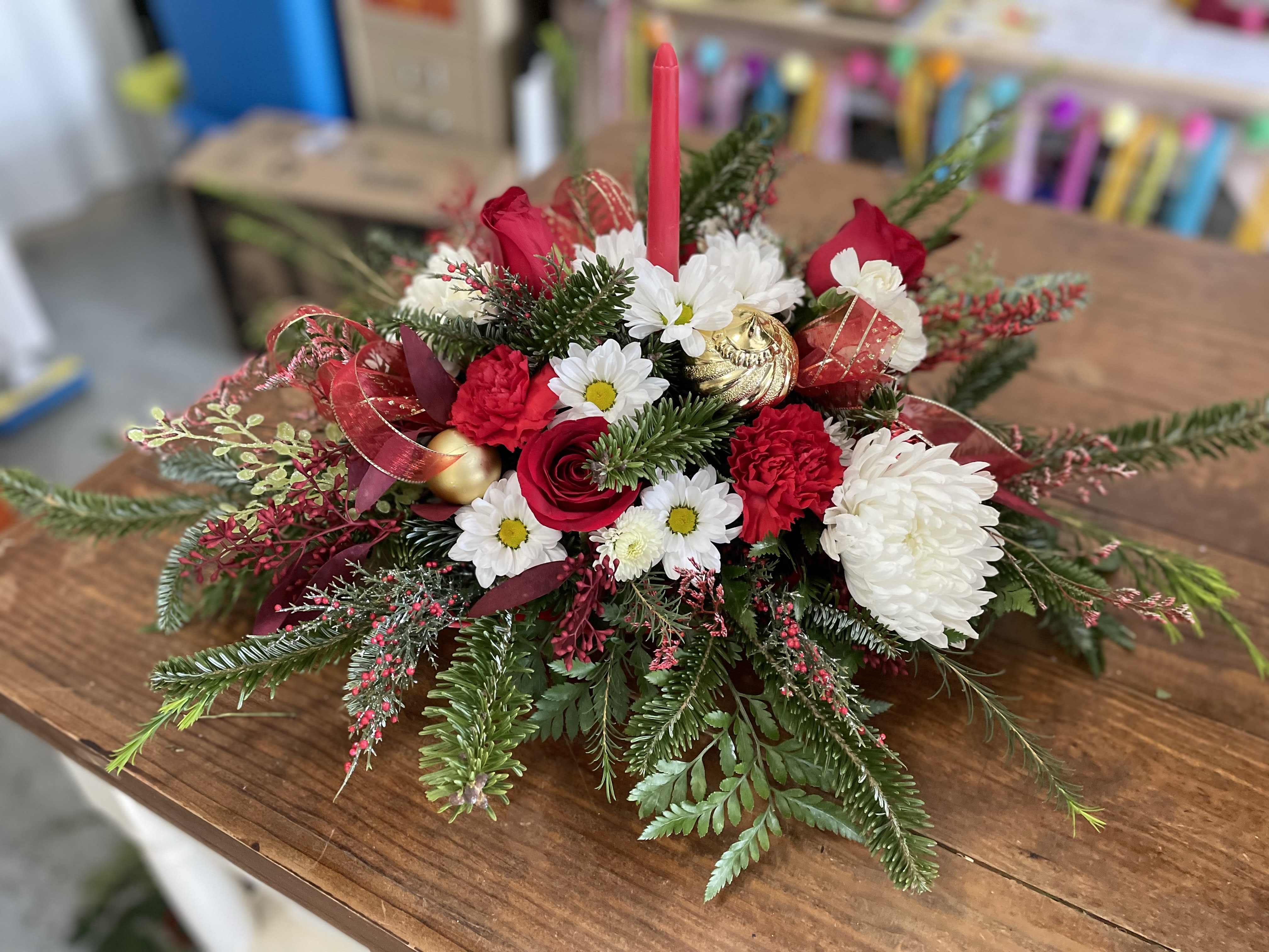 Christmas Hope  - Send a Christmas Hope for the holiday!!  Hope is sure to light up the spirit of the Holiday!  Mixed flowers with Christmas ornaments and greens to light the holiday table. 