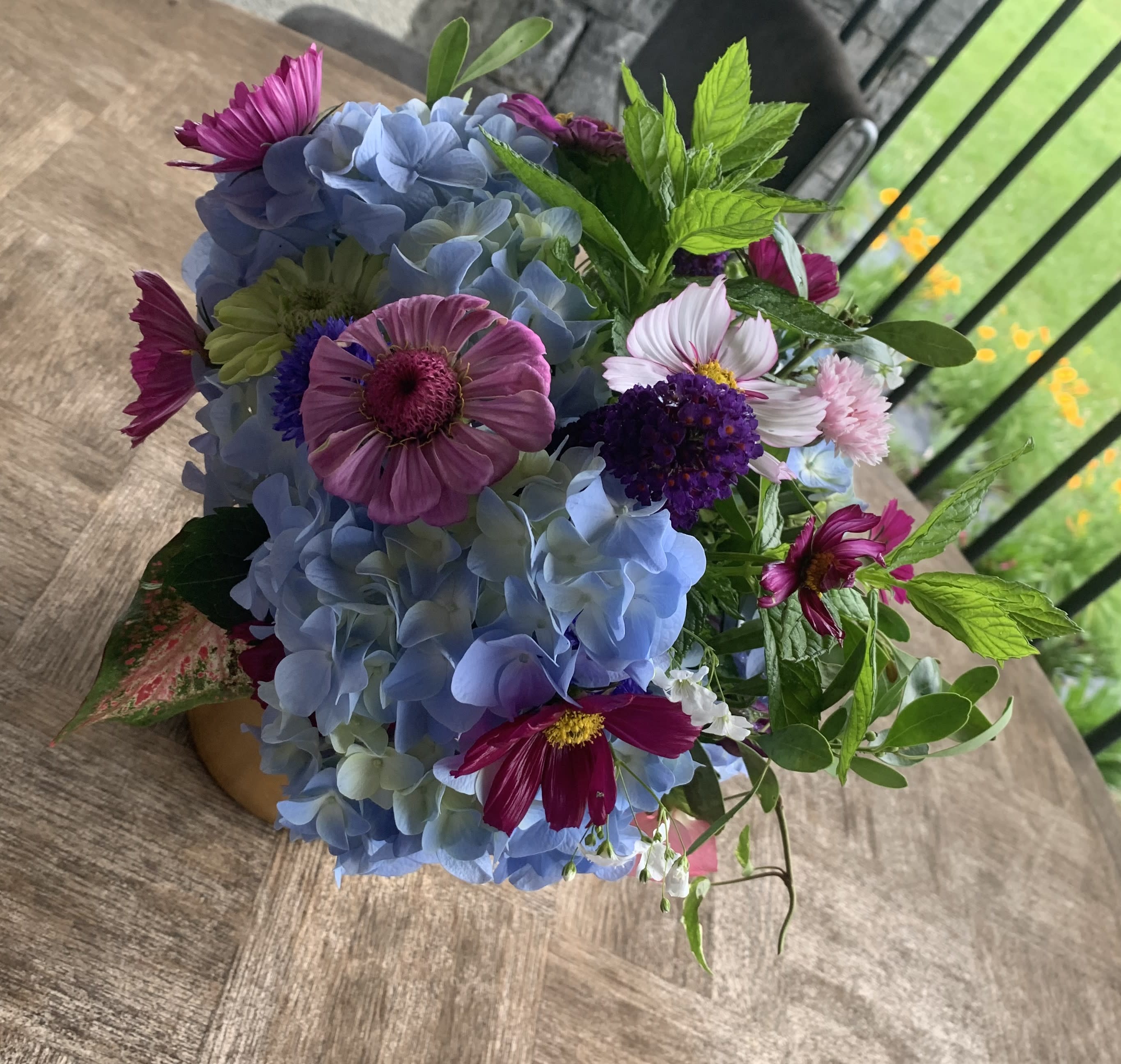 Hydrangeas, cosmos, corn flowers with fresh herbs - Seasonal blooms of hydrangeas, cosmos, corn flowers with fresh herbs