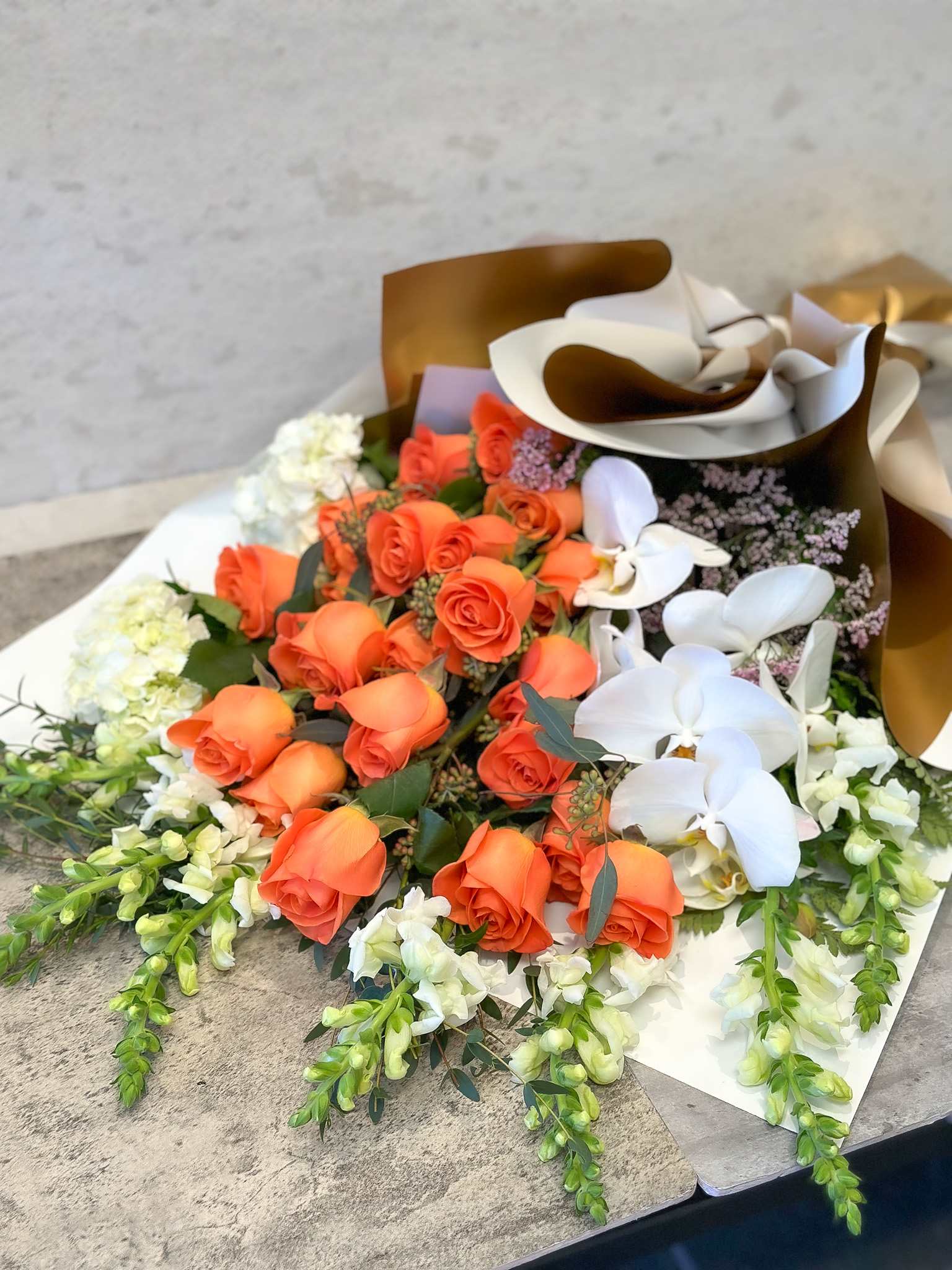 Orchids Orange Roses Bouquet - Standard - Your order will be arranged approximately as shown on our website