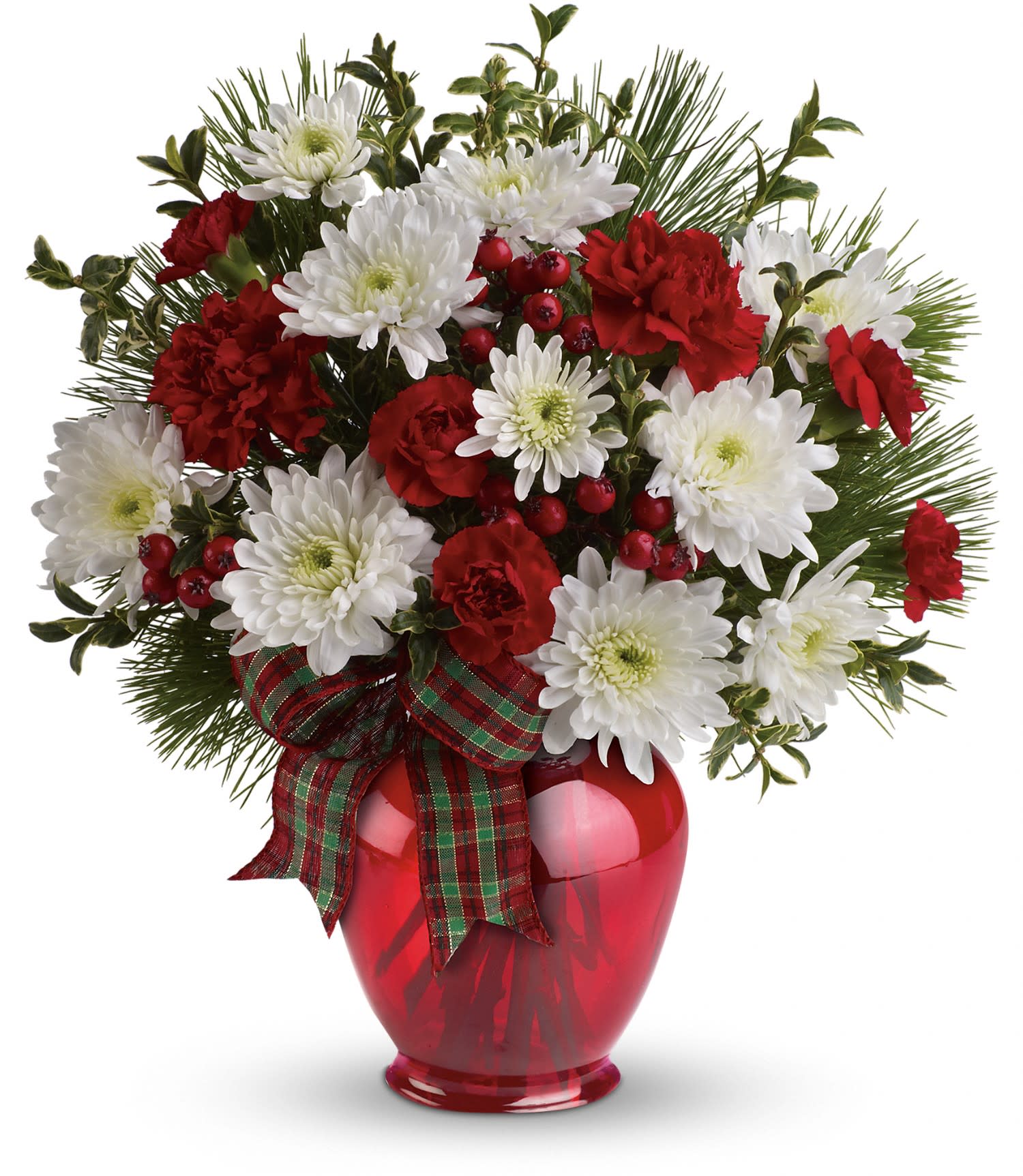 Teleflora's Joyful Gestures Bouquet Teleflora's Joyful Gestures Bouquet - This joyful bouquet includes red carnations, miniature red carnations, white cushion chrysanthemums, oregonia, white pine and red berries, decorated with a charming plaid ribbon. Delivered in a charming red Ginger jar. Approximately 13 1/4" W x 15" H