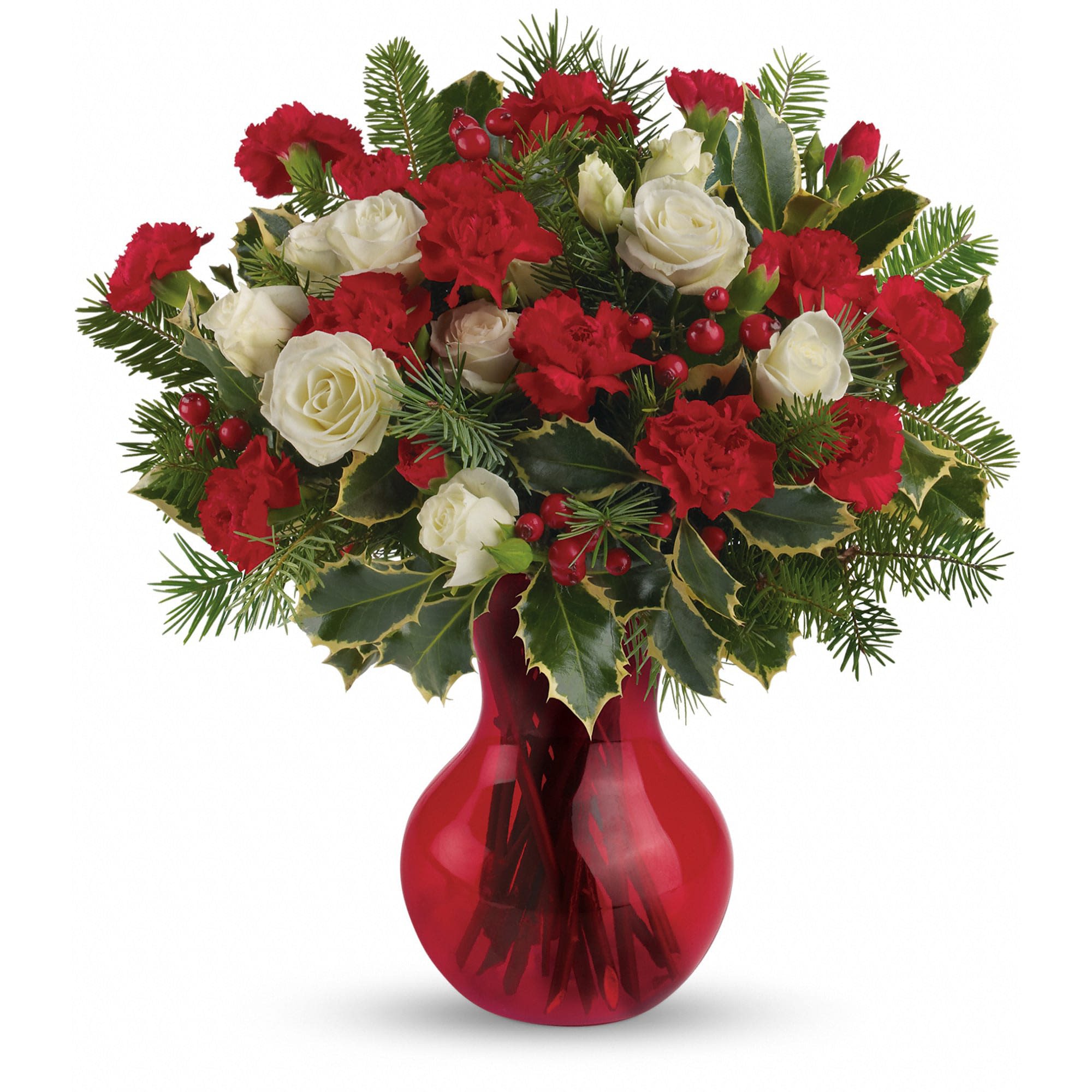 Teleflora's Gather Round Bouquet Teleflora's Gather Round Bouquet - White spray roses and red miniature carnations are accented with tips of douglas fir, holly and red berry spray. Delivered in Teleflora's red Serendipity vase. Approximately 13 1/2" W x 14 1/2" H TWR04-2A