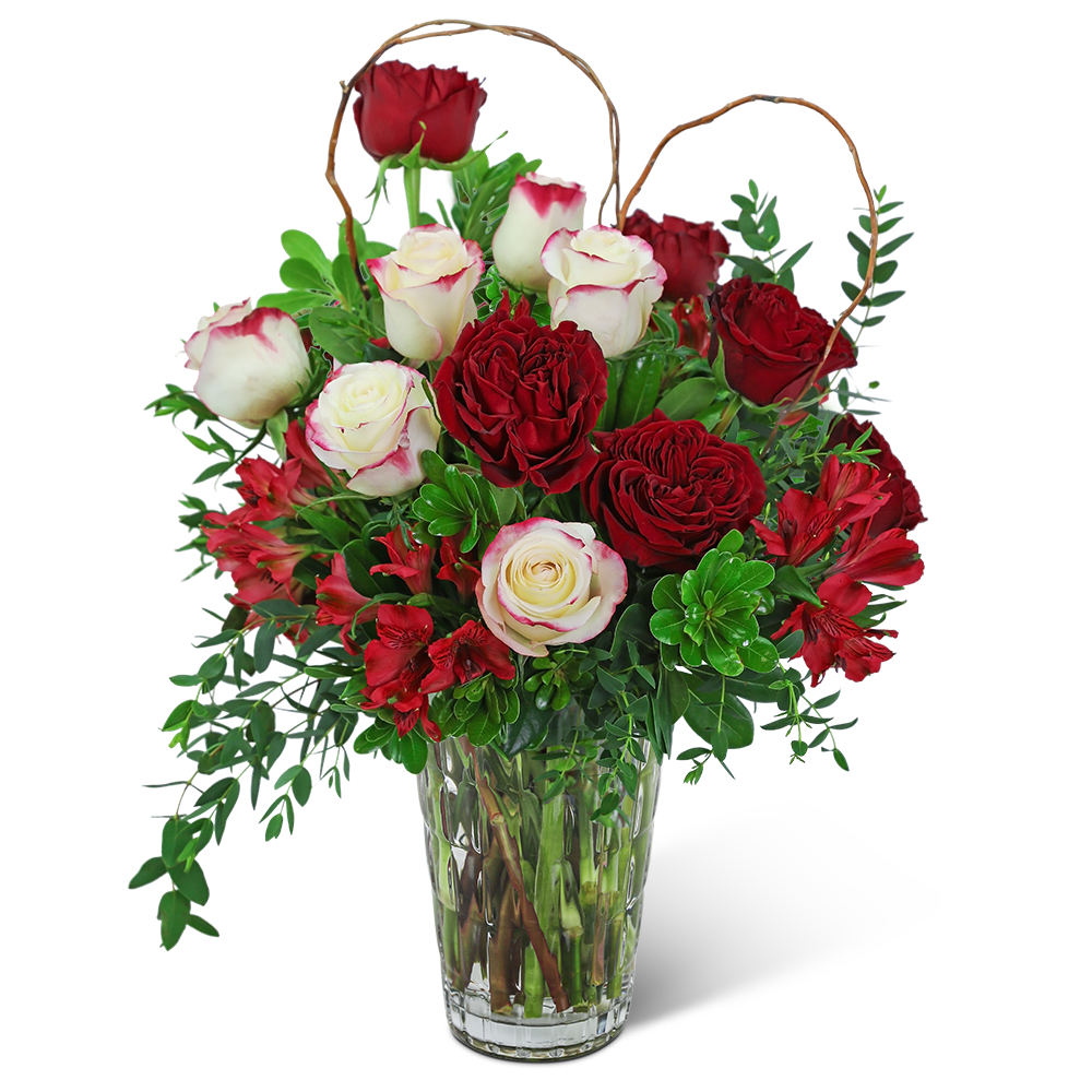 Language of Romance - This gorgeous design is hand-arranged by our professional floral designers and delivered in a lovely vase. The rich, romantic colors of Language of Romance are sure to melt the heart of your loved one. Beautiful ruffly roses, alstroemeria, and premium foliage are artfully arranged with a natural heart accent nestled in. Flower delivery has never been easier or more appreciated. Whether you are looking for a birthday, anniversary, or valentines day gift, we have flowers that are sure to fit the occasion!