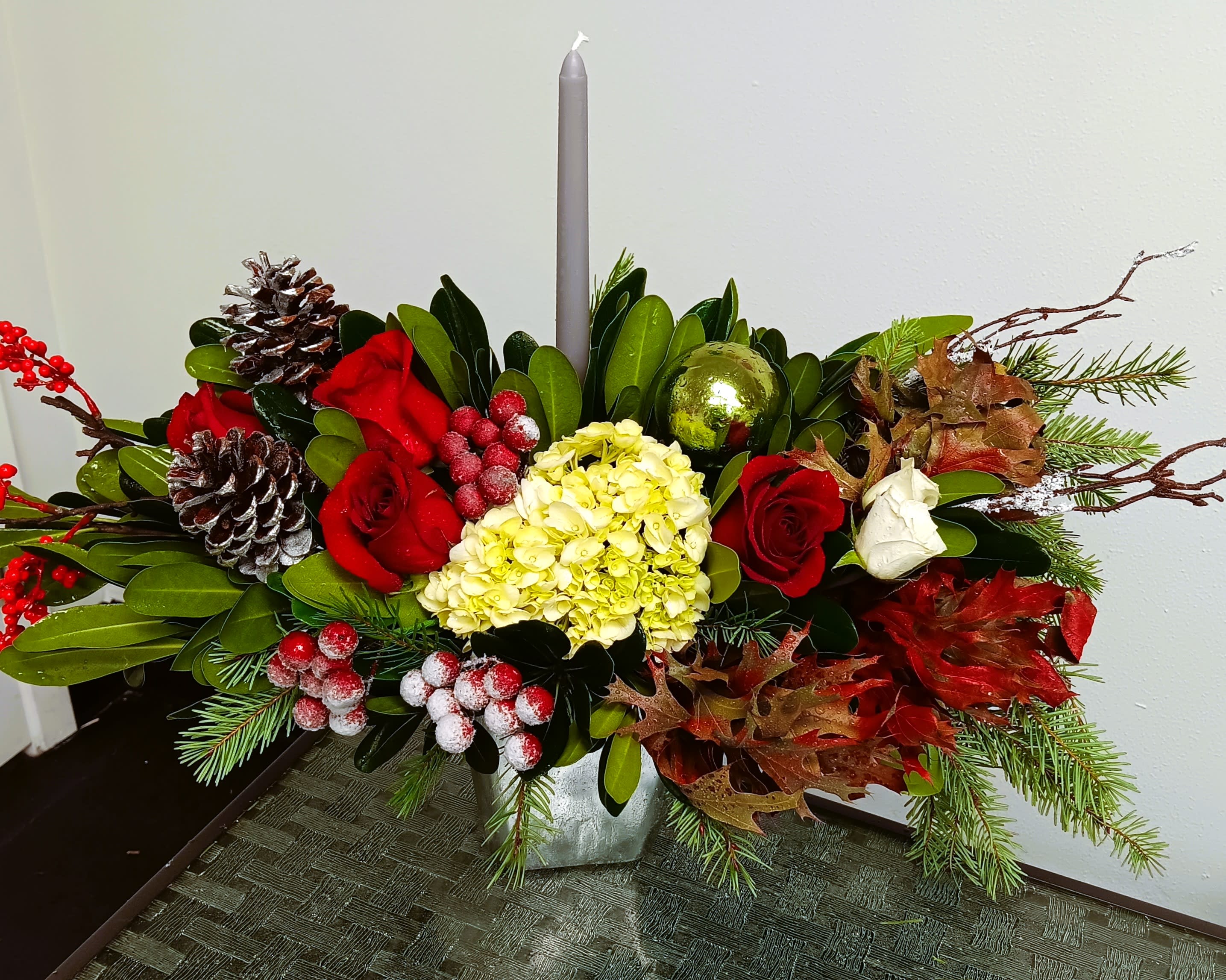 Red, white, and Silver centerpiece. by My Obsession Floral