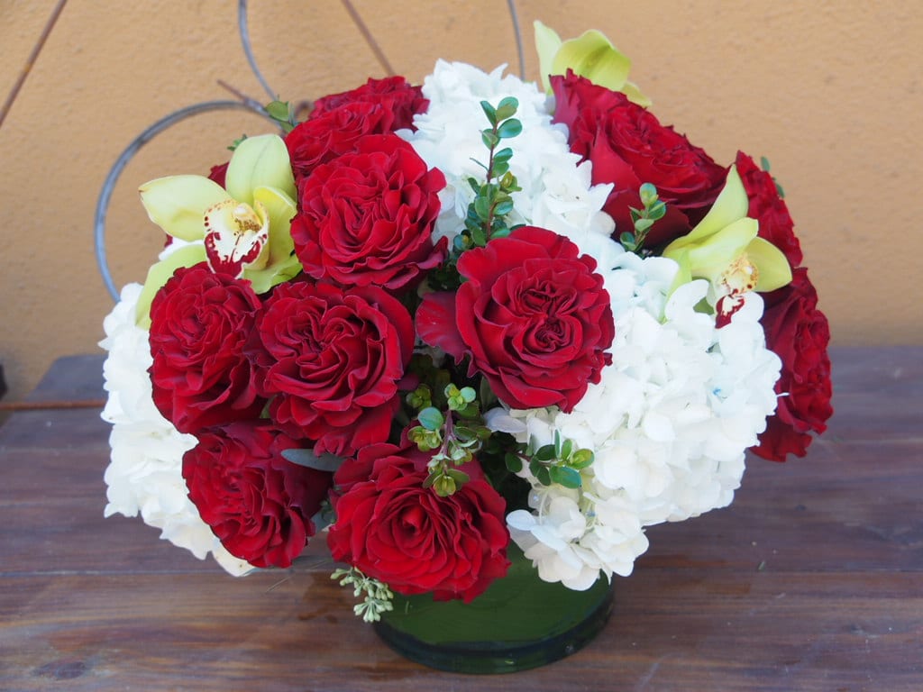 Passion Passion - Red and white arrangement with touches of green. Type and color of orchid and the variety of Christmas greens may vary.