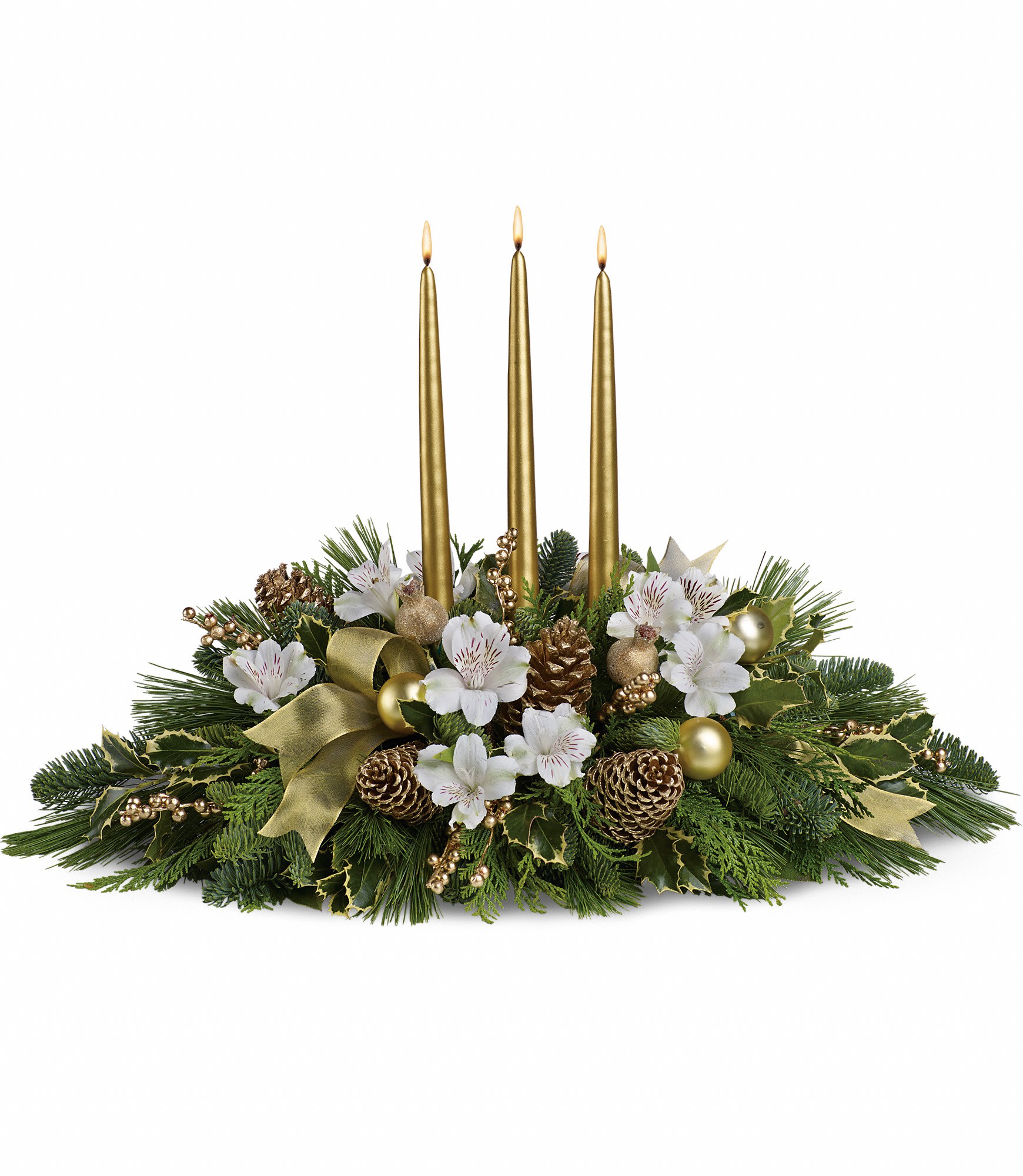 Royal Christmas Centerpiece Royal Christmas Centerpiece - Three gorgeous gold taper candles take center stage in an arrangement of crème roses and spray roses, white alstroemeria, gold ornaments, pinecones, intricate mesh ribbon, Christmas greenery and more. This kind of high style really is fit for a king or queen! Approximately 23" W x 17" H T131-3A