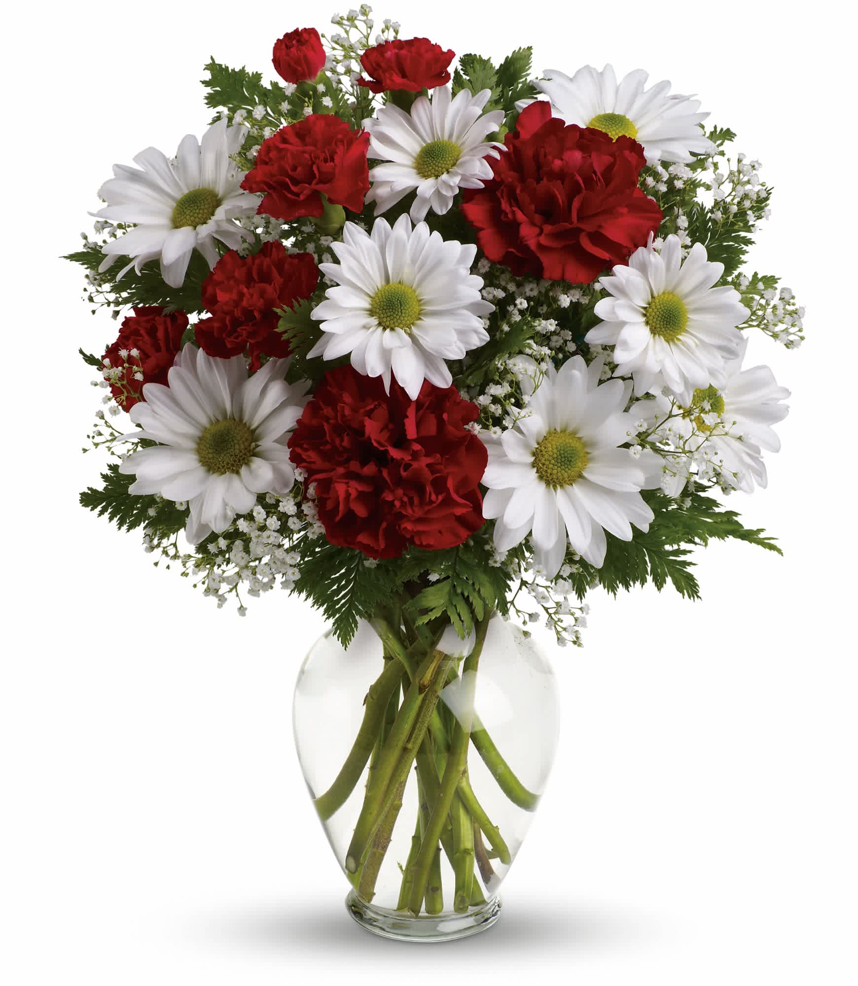 Kindest Heart Bouquet by Teleflora - A special show of kindness, on Valentine's Day or any day of the year! This eye-catching arrangement of red carnations, white daisies and delicate baby's breath will surprise and delight your special someone - and remain a treasured memory for years to come.