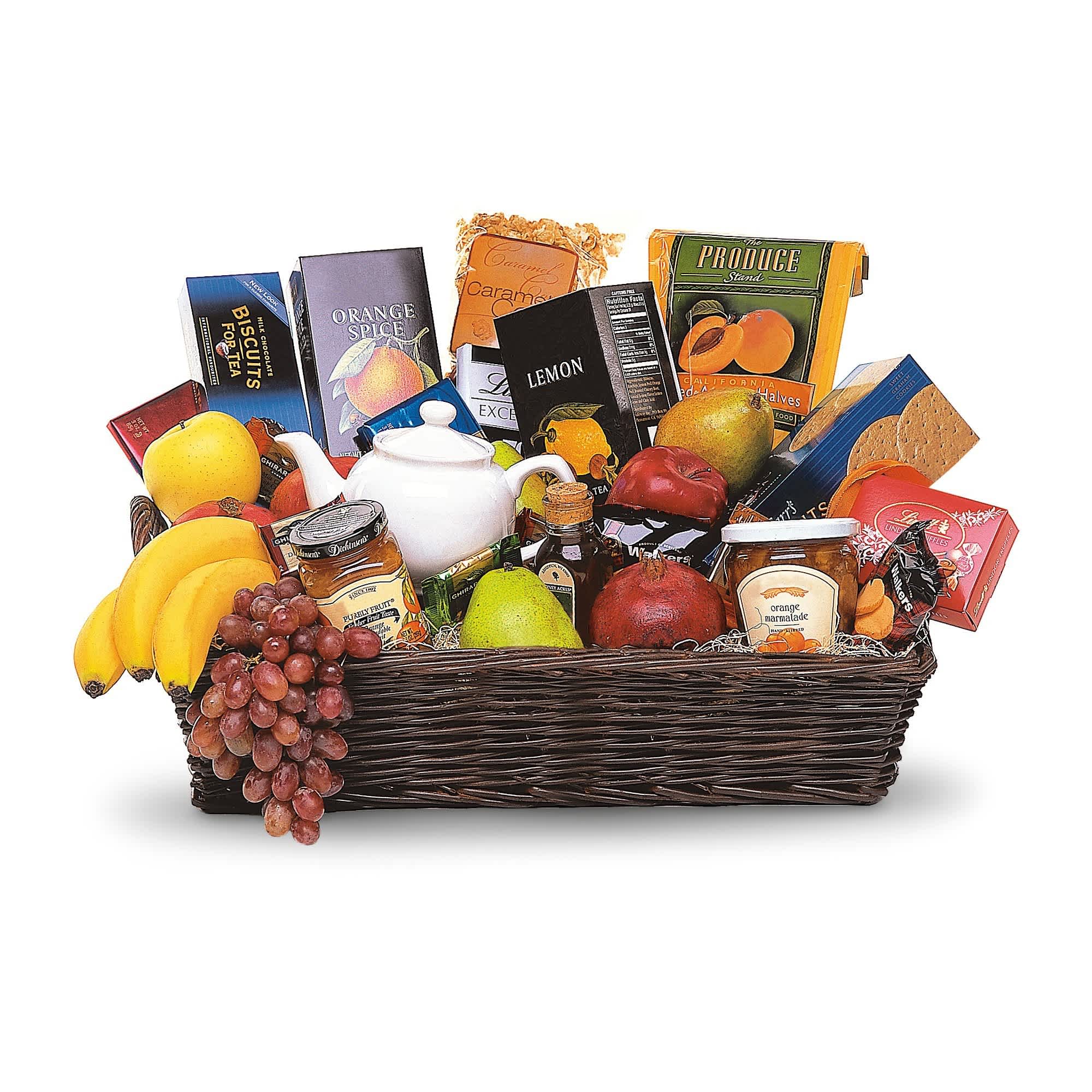 Grande Gourmet Fruit Basket by Teleflora - When you want to send your thoughts in a grande way, send this basket filled with fresh fruit, biscuits and tea. Nothing's grander.  