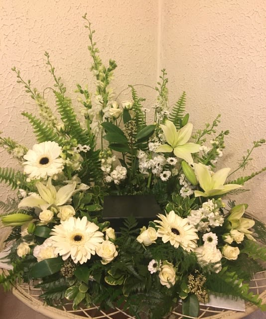 Beautiful memories cremation piece - Arrangement includes, roses,lillies, carnations, gerber daisies, filler and assorted greenery