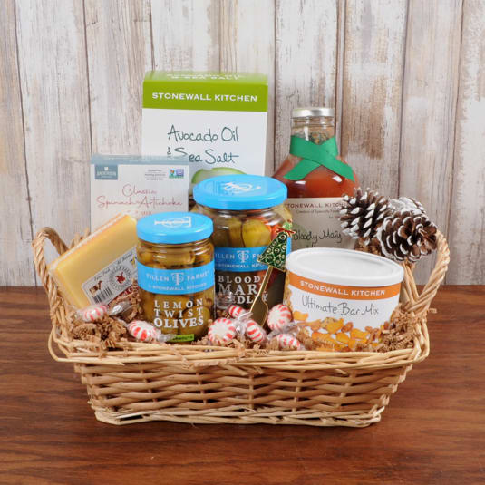 Get Pickled Gourmet Basket - Includes Stonewall Kitchen products Bloody Mary Mixer, Olives, Pickles, crakcers, Bar mix, and local Conebella Cheese. 