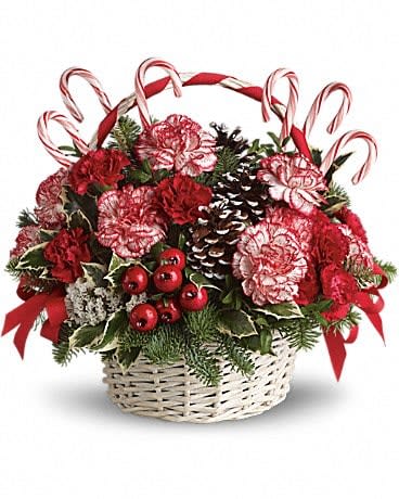 Candy Cane Christmas - A-tisket, a-tasket, a candy cane Christmas basket. What fun it will be when this cheery basketful of holiday joy gets delivered! Peppermint and red carnations, pinecones, berries, holly and ribbon are delightfully placed in a white wicker basket. Real candy canes make this an extra sweet gift.