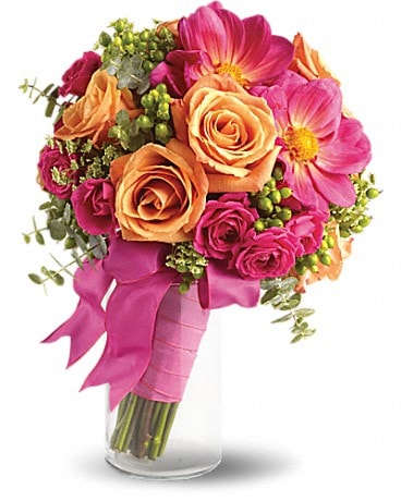 Passionate Embrace Bouquet - Evoke the exciting passion of true love with this high-fashion bouquet of hot pink, orange and green. Hot pink and orange roses come together with bold pink dahlias and accents of Queen Anne's lace, green hypericum and spiral eucalyptus.