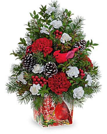 Teleflora's Cardinal In Flight Tree - Bring the magical winter forest to your Christmas table with this whimsical floral tree, arranged in a vintage-inspired cube with cheerful crimson cardinal motif. This festive arrangement features red carnations, miniature white carnations, red huckleberry and douglas fir. Delivered in a Cardinal Cheer Cube.