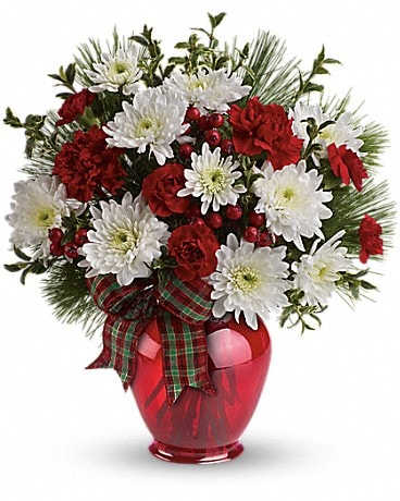 Teleflora's Joyful Gesture Bouquet - Spread the joy of the season with this merry bouquet of red and white blooms, winter greens and red berries in a ginger jar vase. What a fun gift to give and receive! This joyful bouquet includes red carnations, miniature red carnations, white cushion chrysanthemums, oregonia, white pine and red berries, decorated with a charming plaid ribbon. Delivered in a charming red Ginger jar.