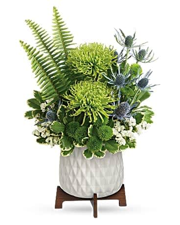Teleflora's Style Statement Bouquet - Gorgeous green blooms and a mod, mid-century ceramic planter add up to a stunning style statement! Green spider chrysanthemums, green button spray chrysanthemums, white sinuata statice, and blue eryngium are arranged with sword fern and variegated pittosporum. Delivered in a Mid Mod Geometric Planter.