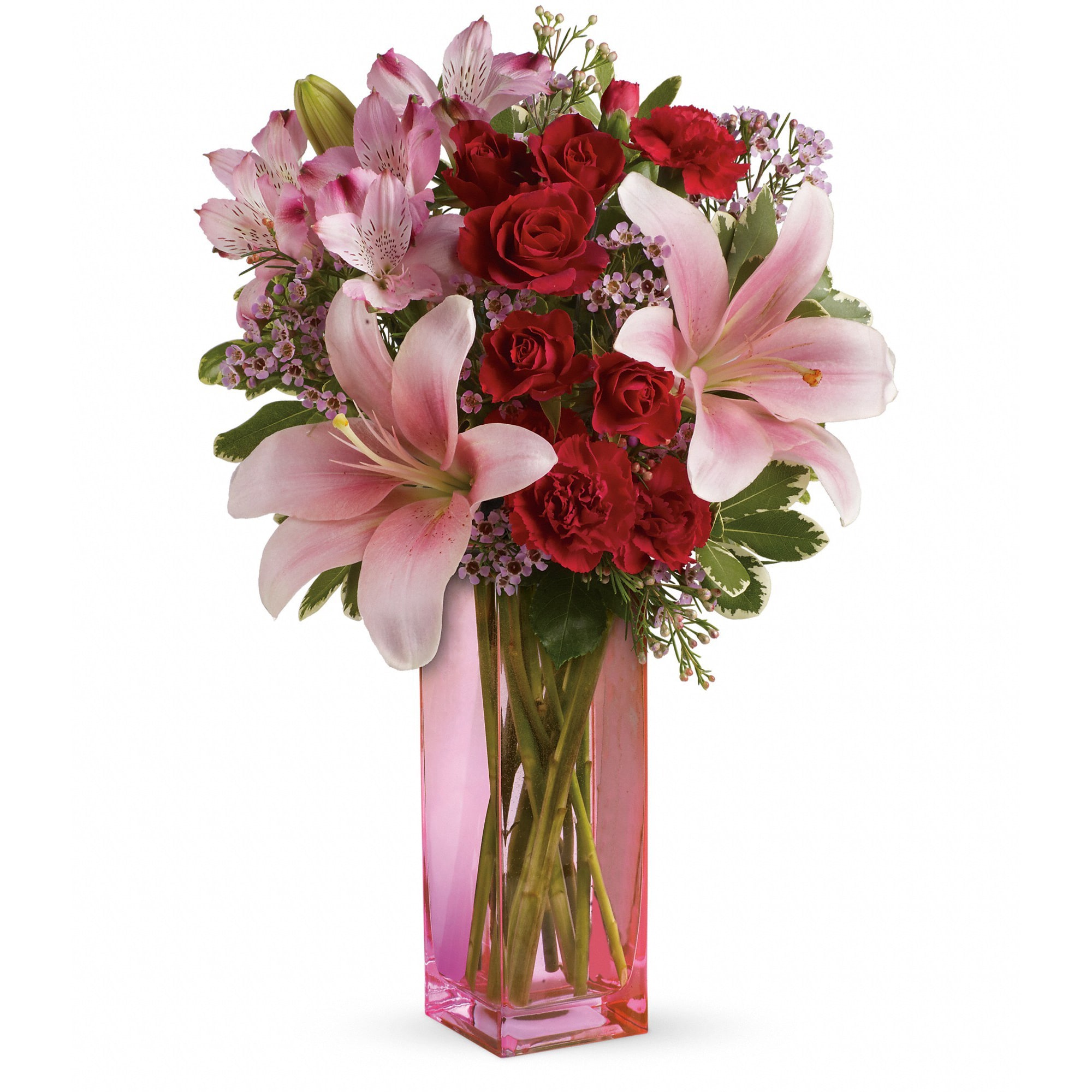Hold Me Close Bouquet - It's a statement she'll always hold close to her heart-lovely lilies and radiant roses that speak to your love and devotion. Arranged lovingly into a pink glass vase, this is a bouquet that brightens any day. 
