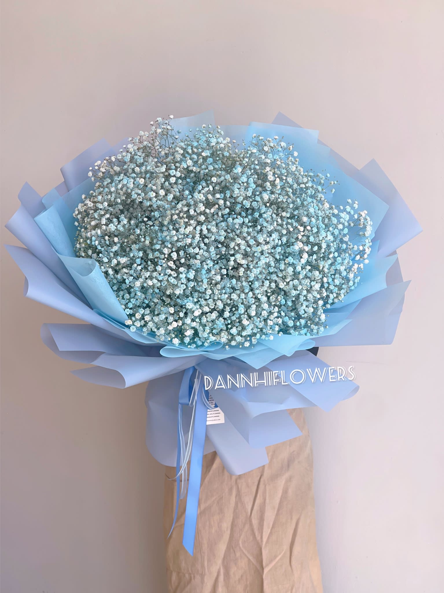 Baby’s breath bouquet in blue - Photo is at Deluxe size , Standard will be smaller size