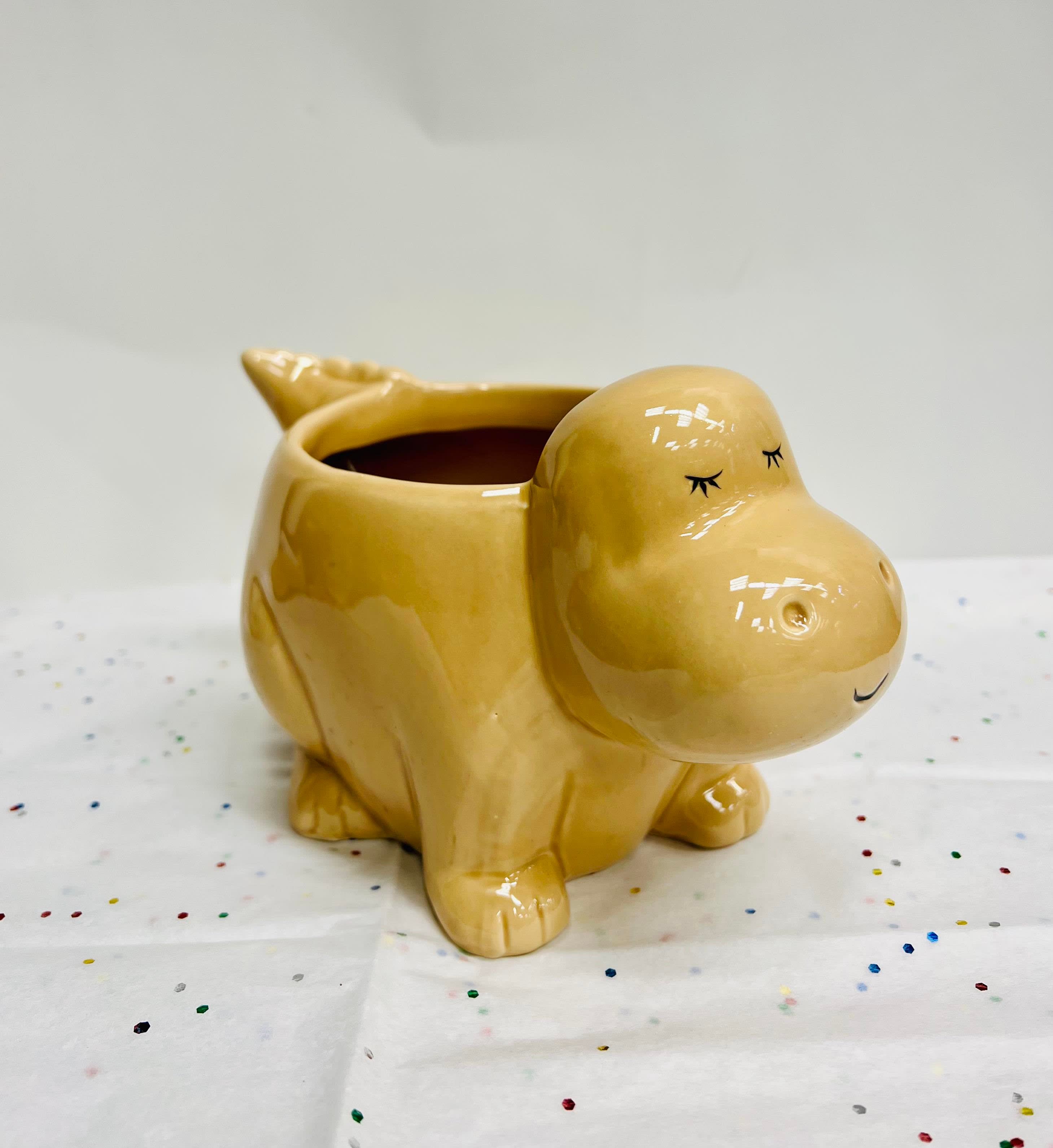 Dino Planter Dino Planter - Beautiful Dolomite Dino Planter Colour : Light Brown Dimensions: 4 1/2"H X 7 3/8"L X 4 1/2"OAD . Fits 4" Inches Pot.