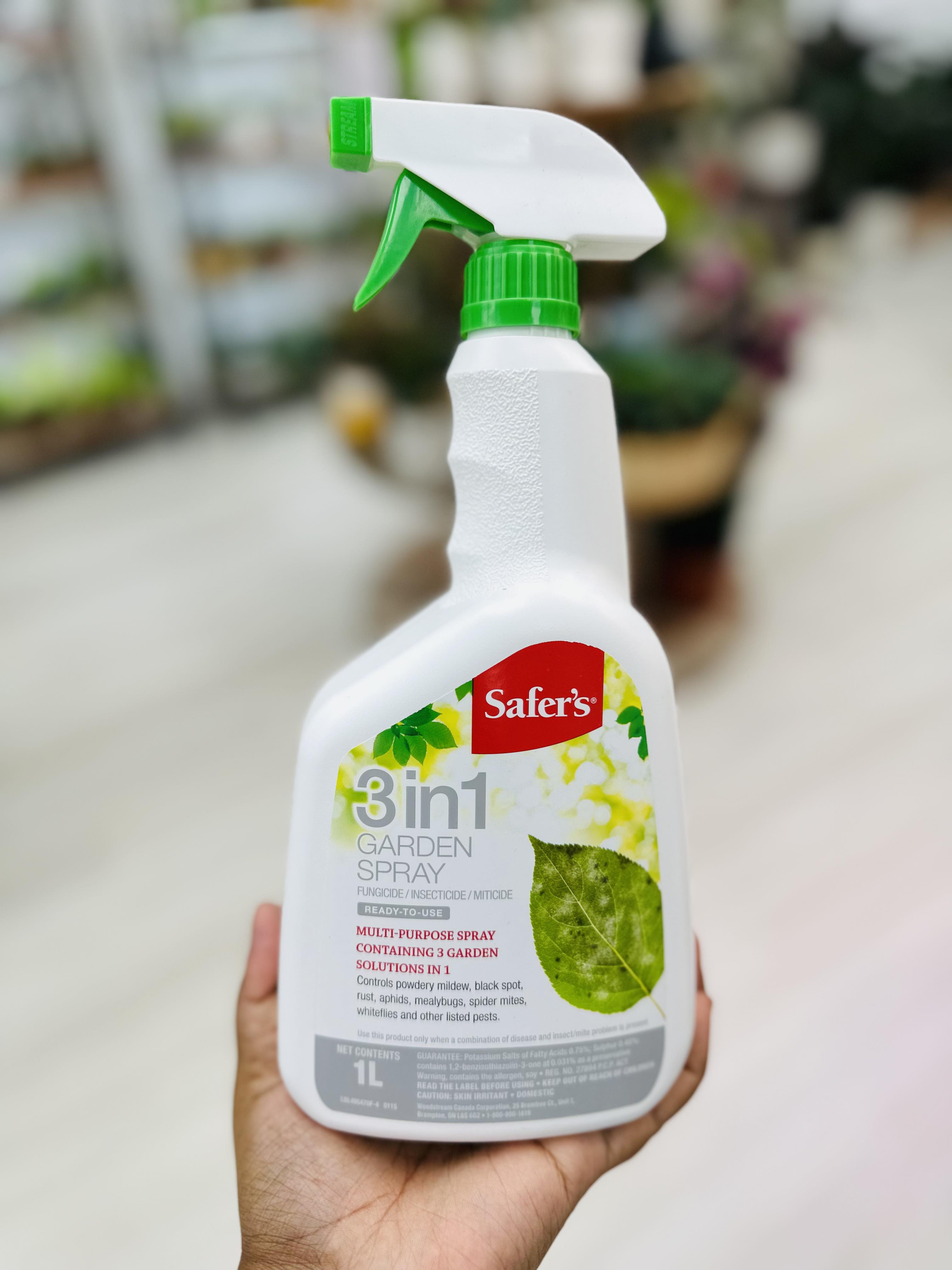 Safer’s 3-in-1 Garden Spray - Safer’s® 3-in-1 Garden Spray combines the power of a fungicide, an insecticide, and a miticide to knock out your garden problems. Now, you can control fungal diseases, insects, and mites with one simple solution. There’s no need to be a gardening expert to have a healthy garden – our 3-in-1 Garden Spray tackles it all. This unique formulation is gentle on most plants and can be used right up until the day before harvest. 