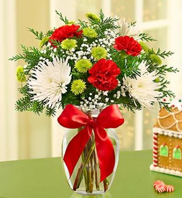 Fields of Europe for Christmas Fields of Europe for Christmas - We've decked out our bestselling bouquet in its holiday best. Our expert florists gather spider mums, carnations, poms, and fragrant assorted greens in a stylish glass gathering vase, accented by a cheery Christmas ribbon. Item # 90374