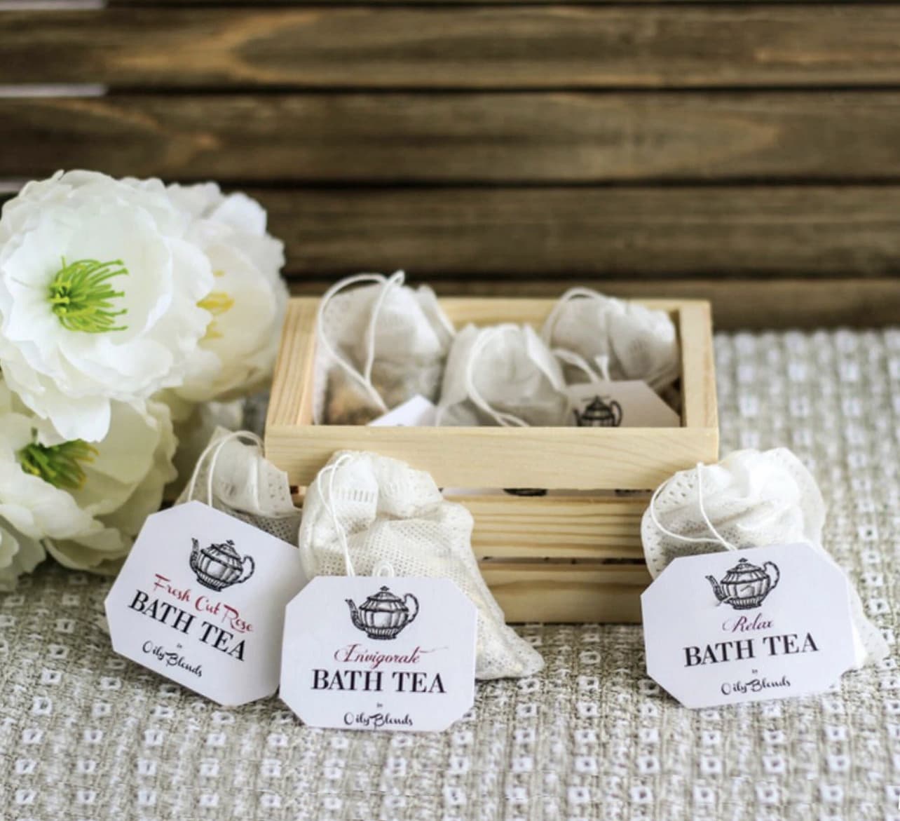 Essential Oil Bath Tea Single Bags Essential Oil Bath Tea Single Bags - Experience the relaxing treat of a bath tea. The herbal bath tea moisturizes your body, while the scent relaxes and soothes your mind. Each bag is filled with dried herbs, oats, salts and essential oils. Directions: remove tag and add tea bag to a tub of warm water. (keep the contents in the bag for an easy cleanup.) soak for as long as you like. Bath tea is not meant for internal consumption. Do not drink. Available bath teas: • Chamomile tea • Peppermint tea • Eucalyptus tea • Wellness tea • Made in United States
