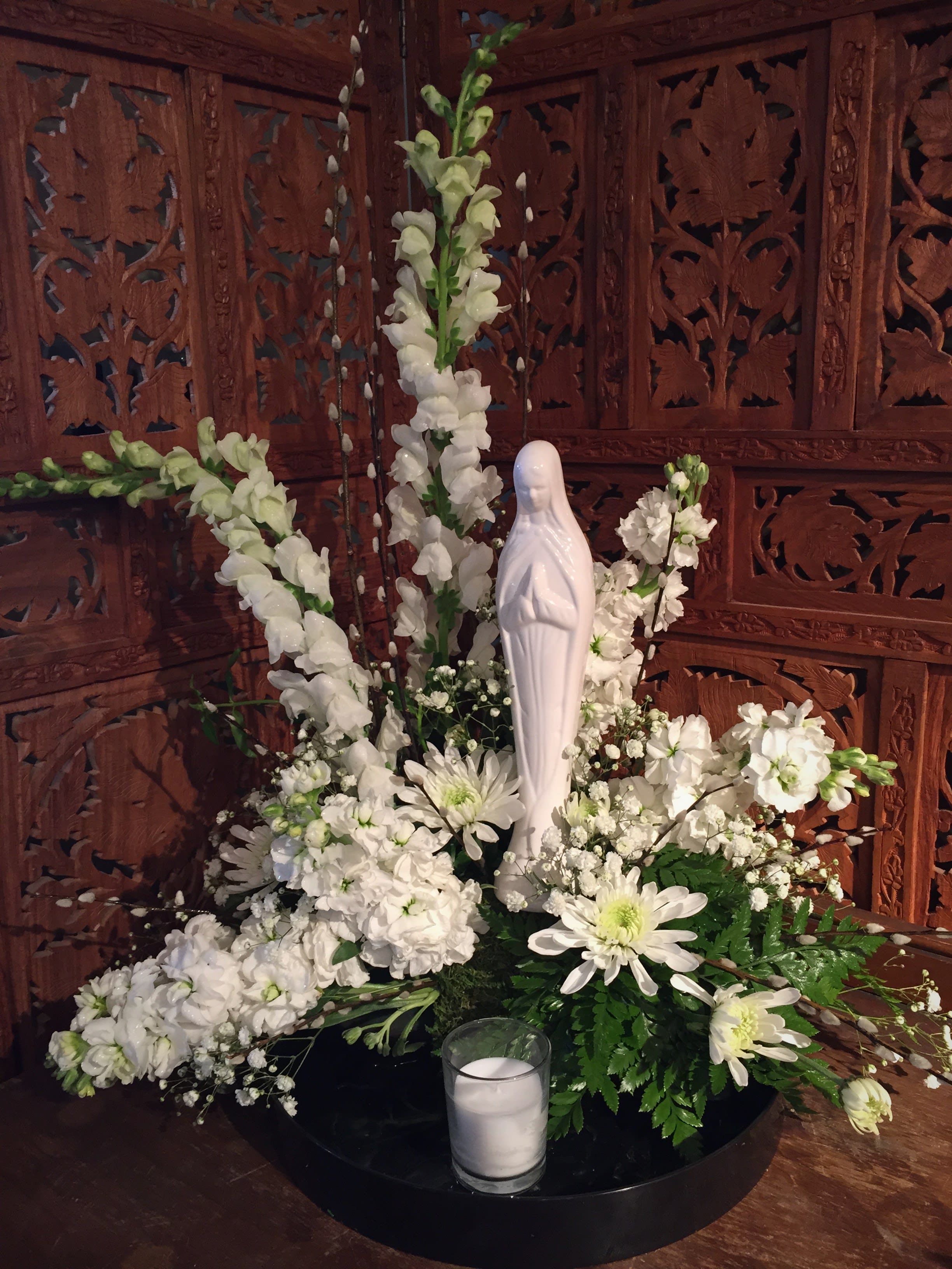 Madonna of Light - Ceramic Madonna with assorted white flowers and candle votive