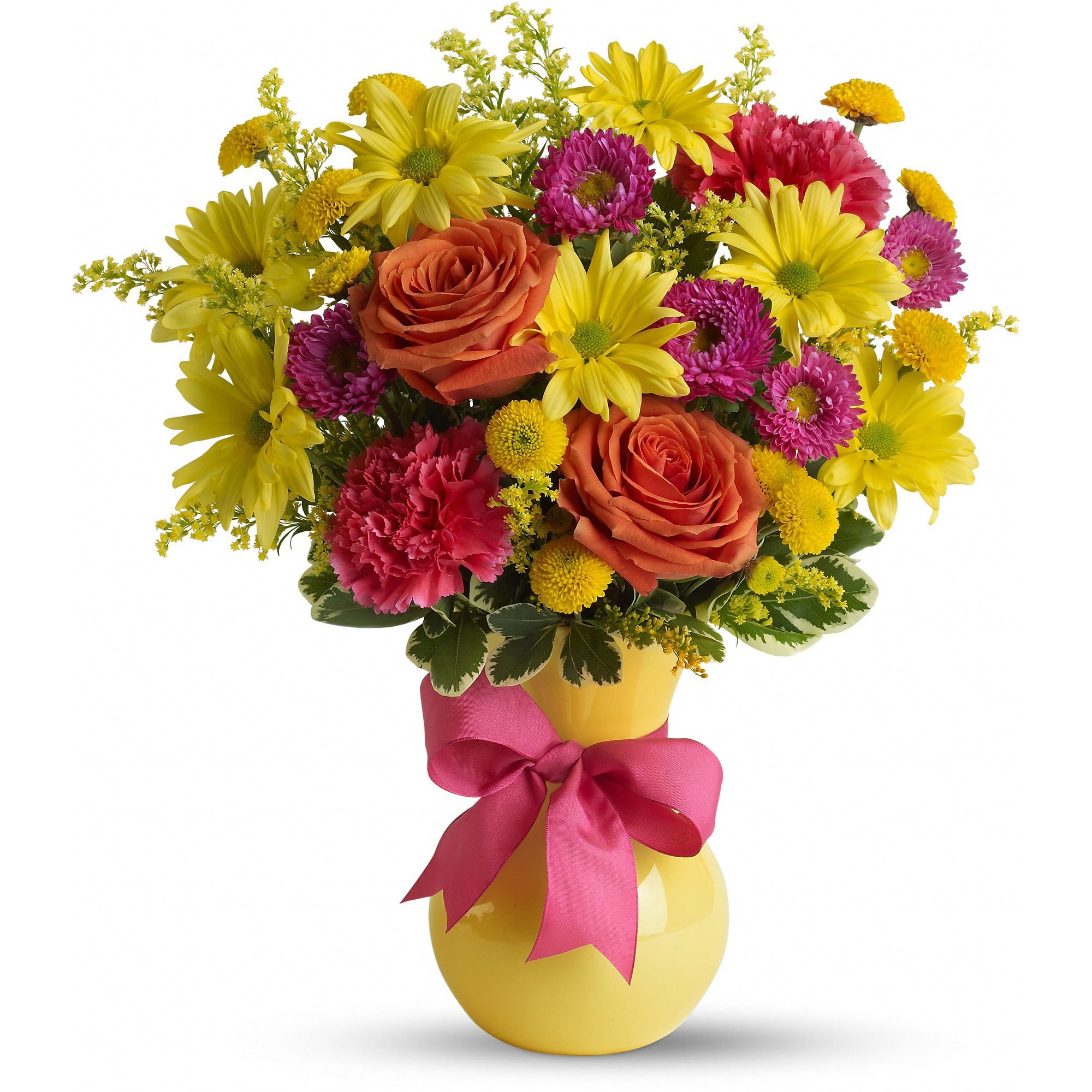 Teleflora's Hooray-diant! - It's called &quot;Hoo-radiant!&quot; The perfect name for this exuberant gift of orange roses, hot pink carnations and other favorites bursting from a sunny yellow vase they'll love. Go ahead, make their day. 