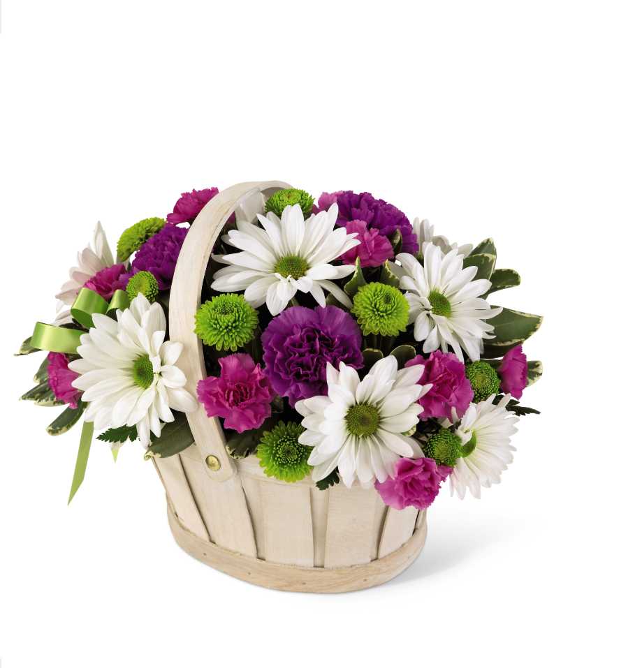 The FTD Blooming Bounty Bouquet - This pretty basket is sure to cheer up anyone's day. This white-wash handled basket is filled with green button pompons, white daisy pompons, hot pink mini carnations and purple carnations. A lavender ribbon bow completes your best wishes.