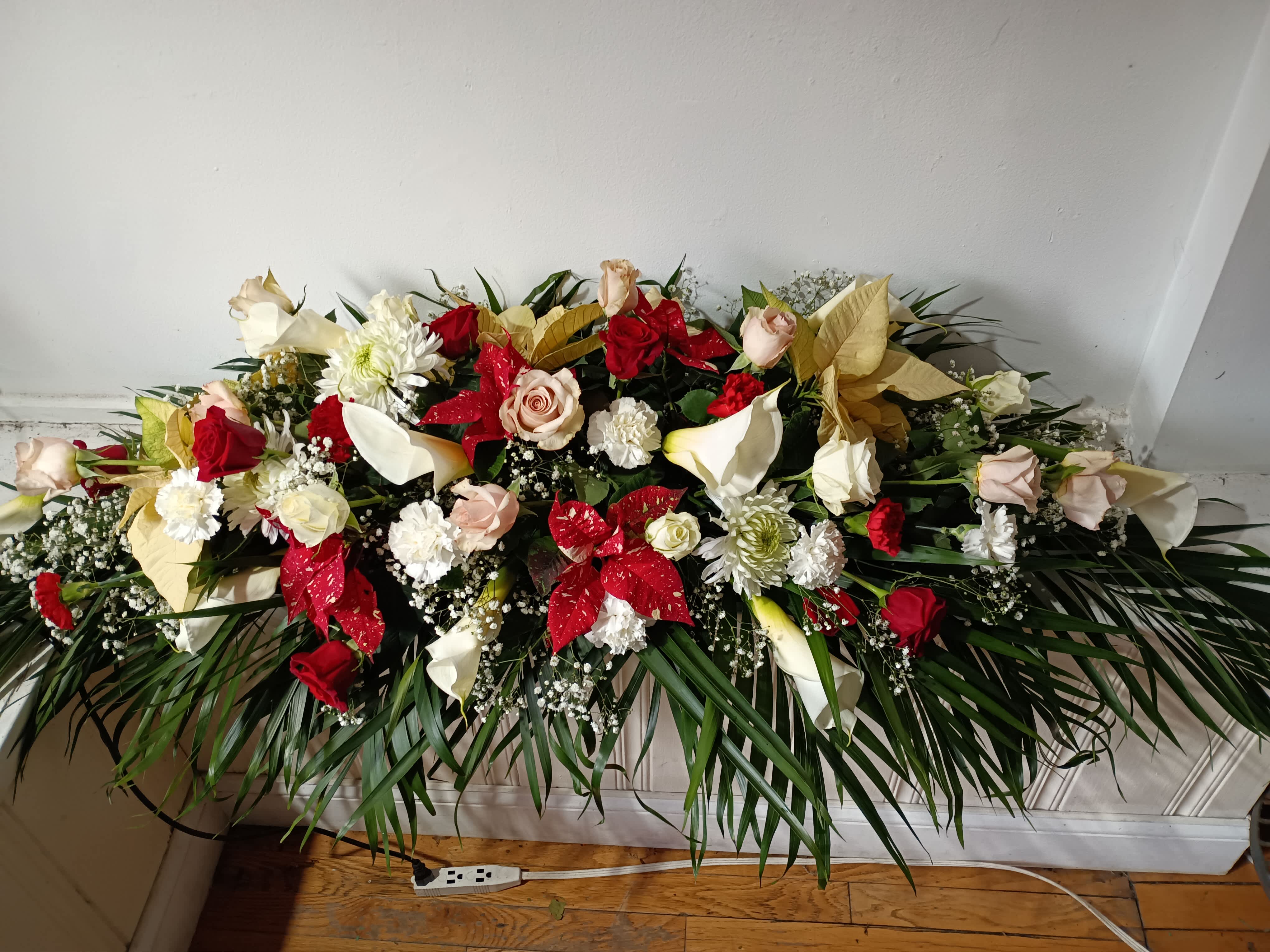 &quot;Gone too soon&quot; whole casket spray  - Beautiful white calla lilies, white, pink and red roses, carnations, daisies and snap dragons whole casket spray