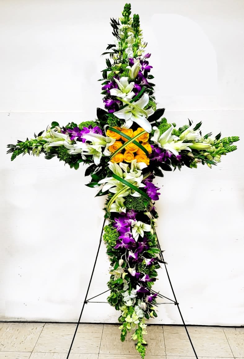 [TT-ANC135]:  GRAND SPRING CROSS ON EASEL - GRAND SPRING CROSS ON EASEL BY TWIN TOWERS FLORIST