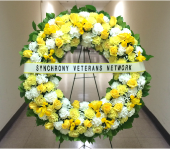  36 INCH CUSTOM PREMIUM WREATH WITH ROSES AND HORIZONTAL BANNER [TT-ANC59] - 36&quot; CUSTOM COLOR WREATH WITH BANNER BY TWIN TOWERS FLORIST      As Shown : TT-ANC59 