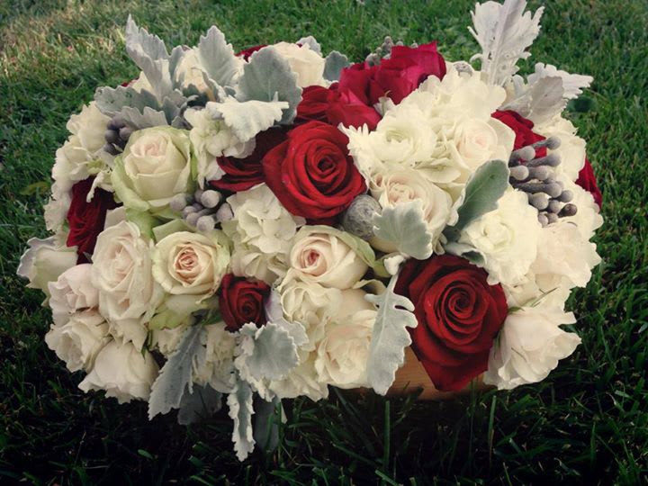 Rose Box - Red, white, and Cream roses mixed with white hydrangeas and gray accents arranged in a beautiful wood box.