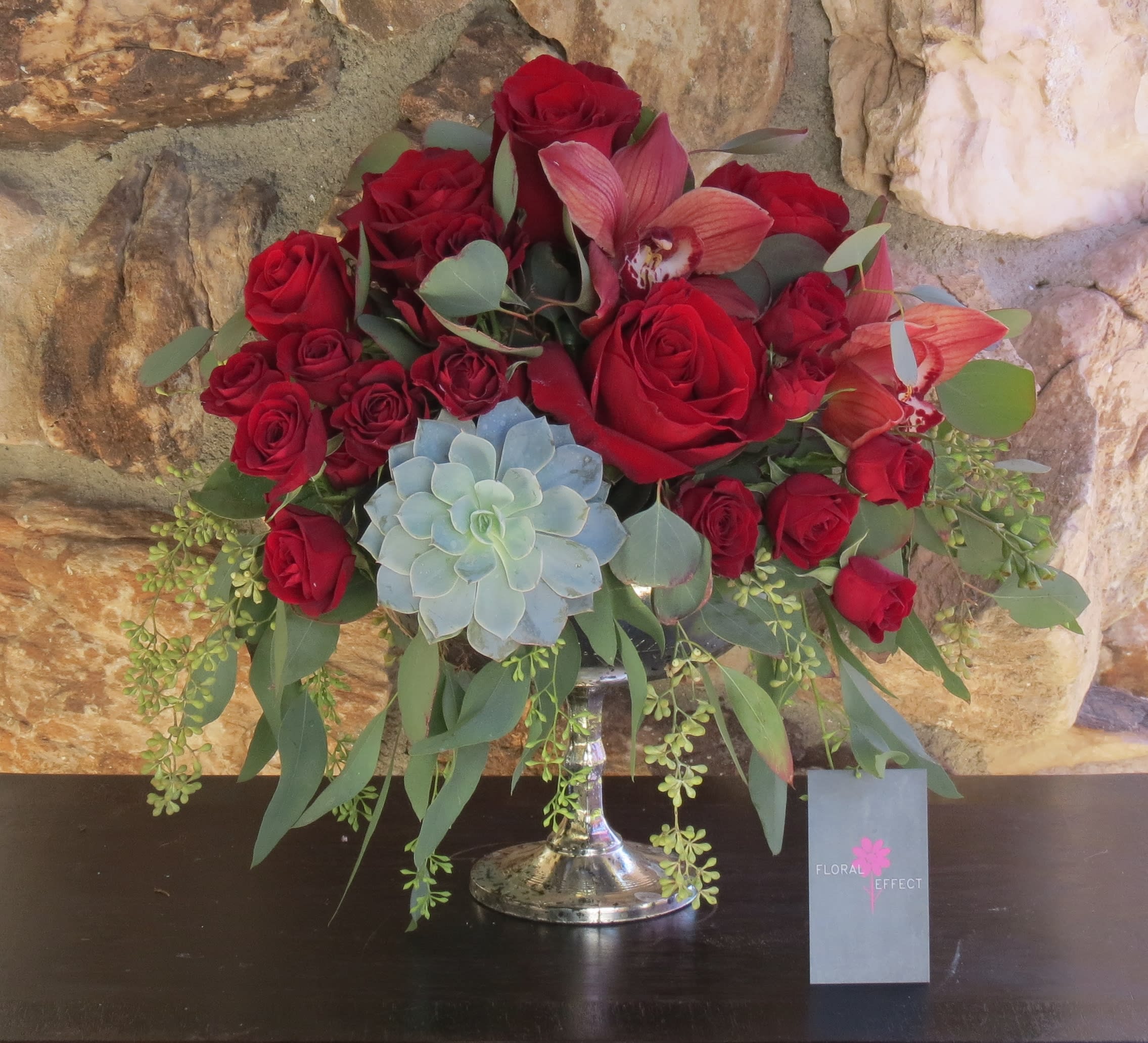 Red roses, cymbidiums, and suculents - Red roses, orchids, and succulents