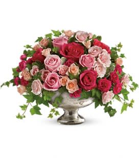 Queen's Court by Teleflora Queen's Court by Teleflora - Pinks, Peaches and Red Roses in a Mercury Glass Bowl