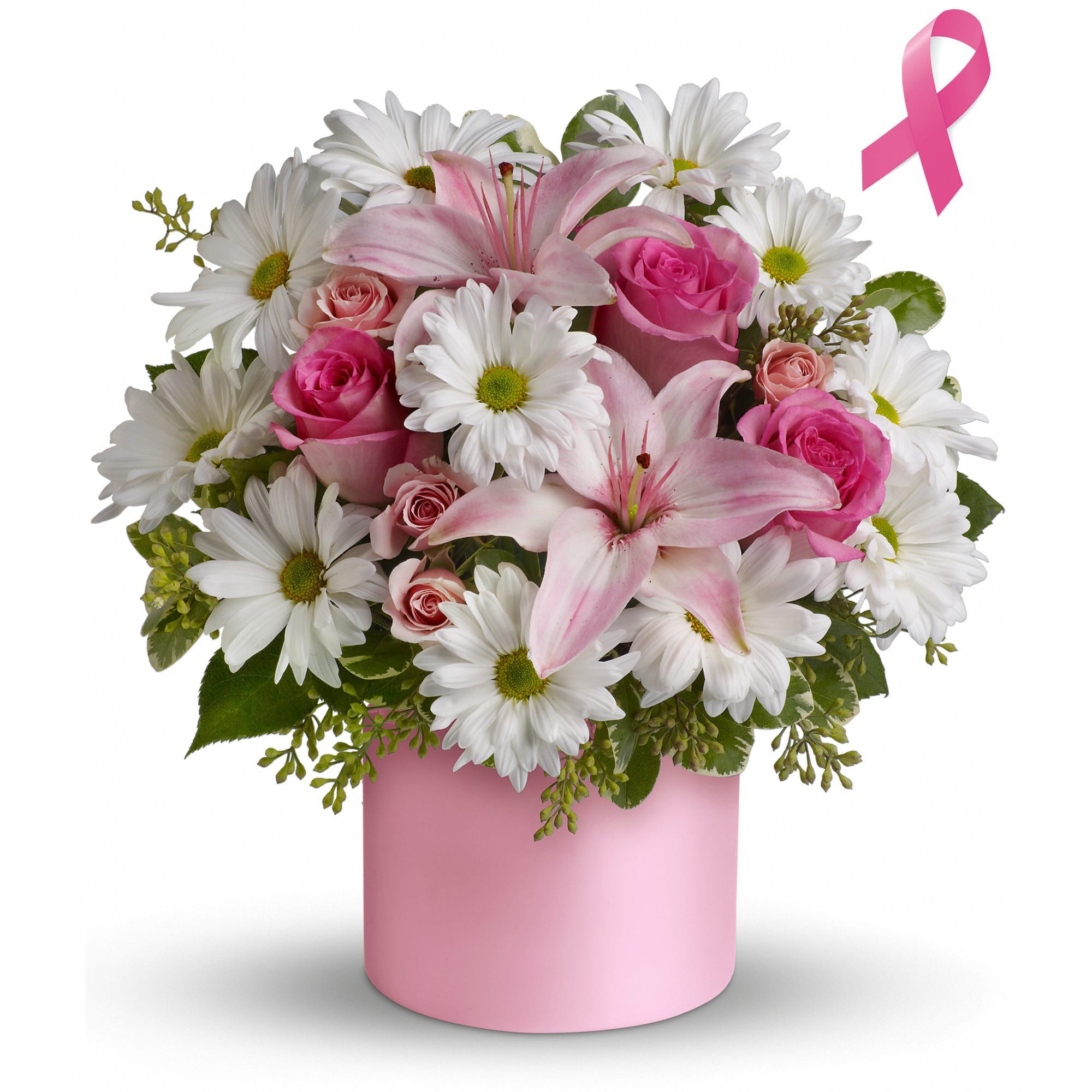 Teleflora's Pink Hope and Courage Bouquet - Celebrate the fabulous female in your life with pink roses and lilies in a satiny pink cylinder vase. She'll be thrilled with this charmingly feminine gift - and touched by your thoughtfulness because it is also a gift for others. 