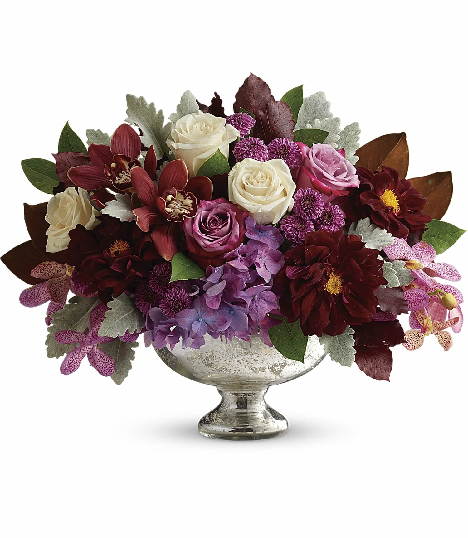 Teleflora's Beautiful Harvest Centerpiece Teleflora's Beautiful Harvest Centerpiece - Take your fall décor to a sophisticated new level with this breathtaking bouquet of deep purple blooms, presented in a timelessly elegant mercury glass bowl.
