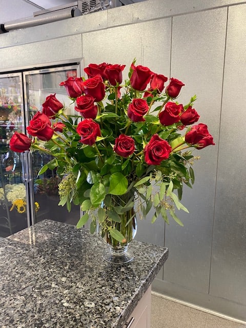 My One and Only - A Bold Statement of Long Stem Red Roses in a Tall Pedestal Glass Vase