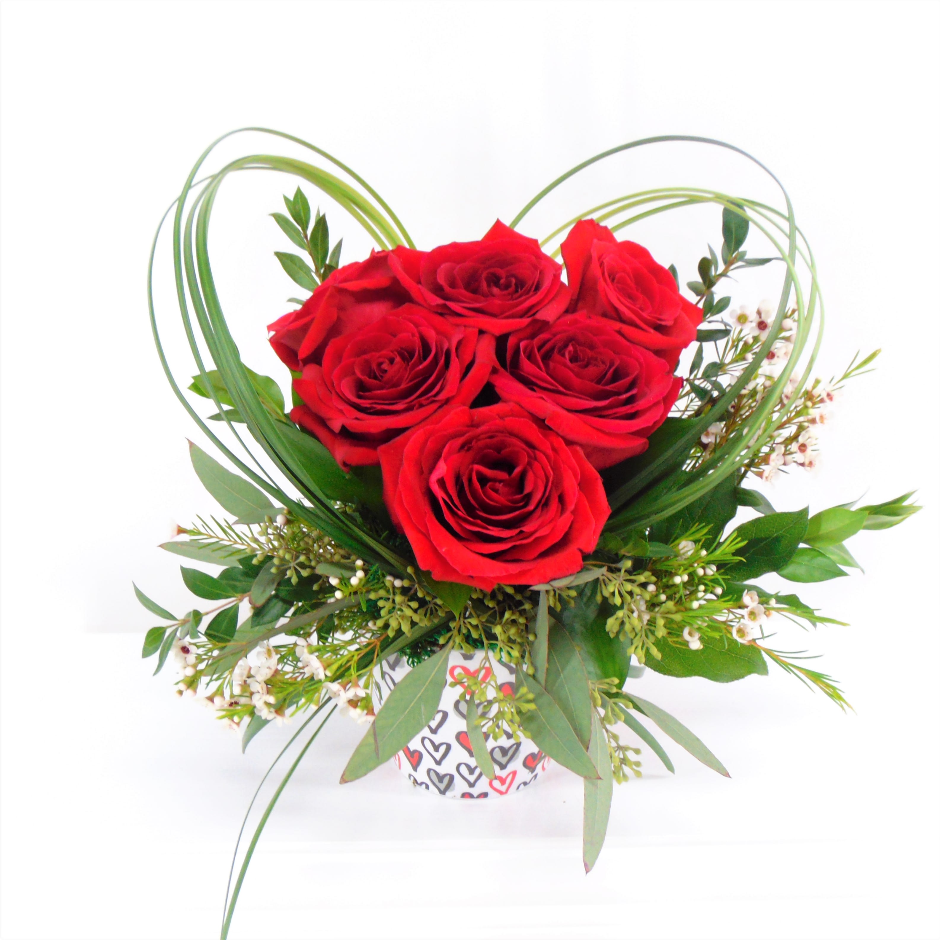 Heart with Red Roses and Eucalyptus