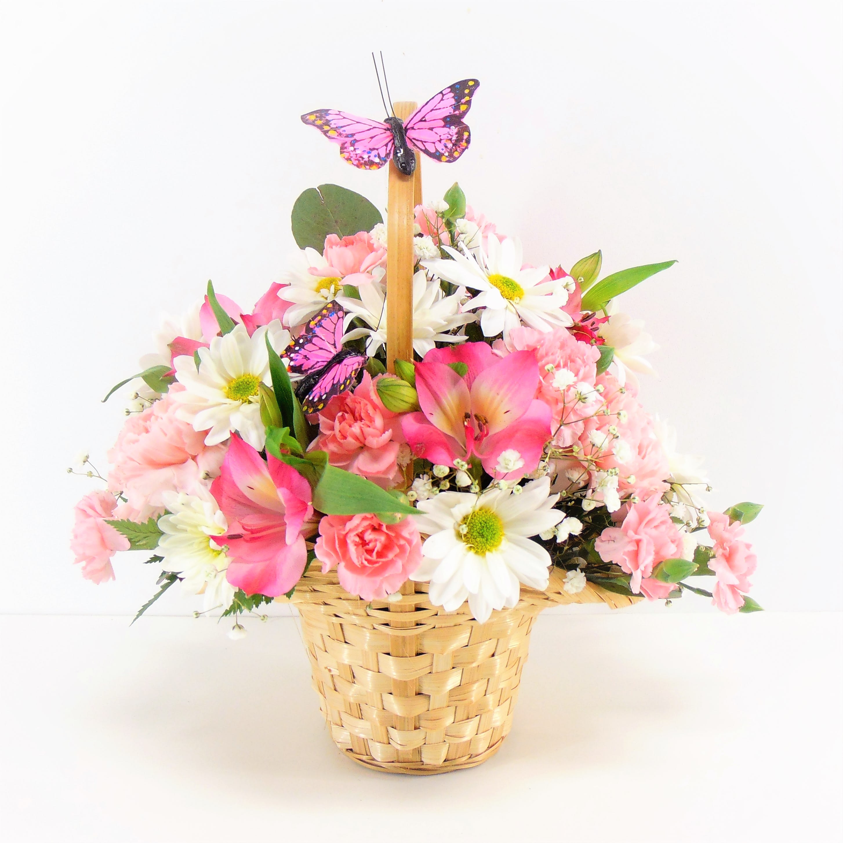 Butterflies &amp; Blooms - Pretty pink butterflies adorn this princess basket filled with white daisies, pink alstroemeria,  miniature carnations and baby's breath. Say Just Because! or Happy Mother's Day!  Perfect! The standard option is shown and is all-around style.