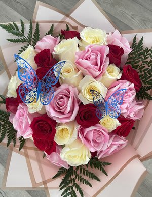 Bouquet Of 36 White, Pink And Red Roses - Beautiful bouquet of long stem white, pink and red roses, assorted greenery, wrapped with waterproof paper, 3D butterflies stickers with an elegant bow.