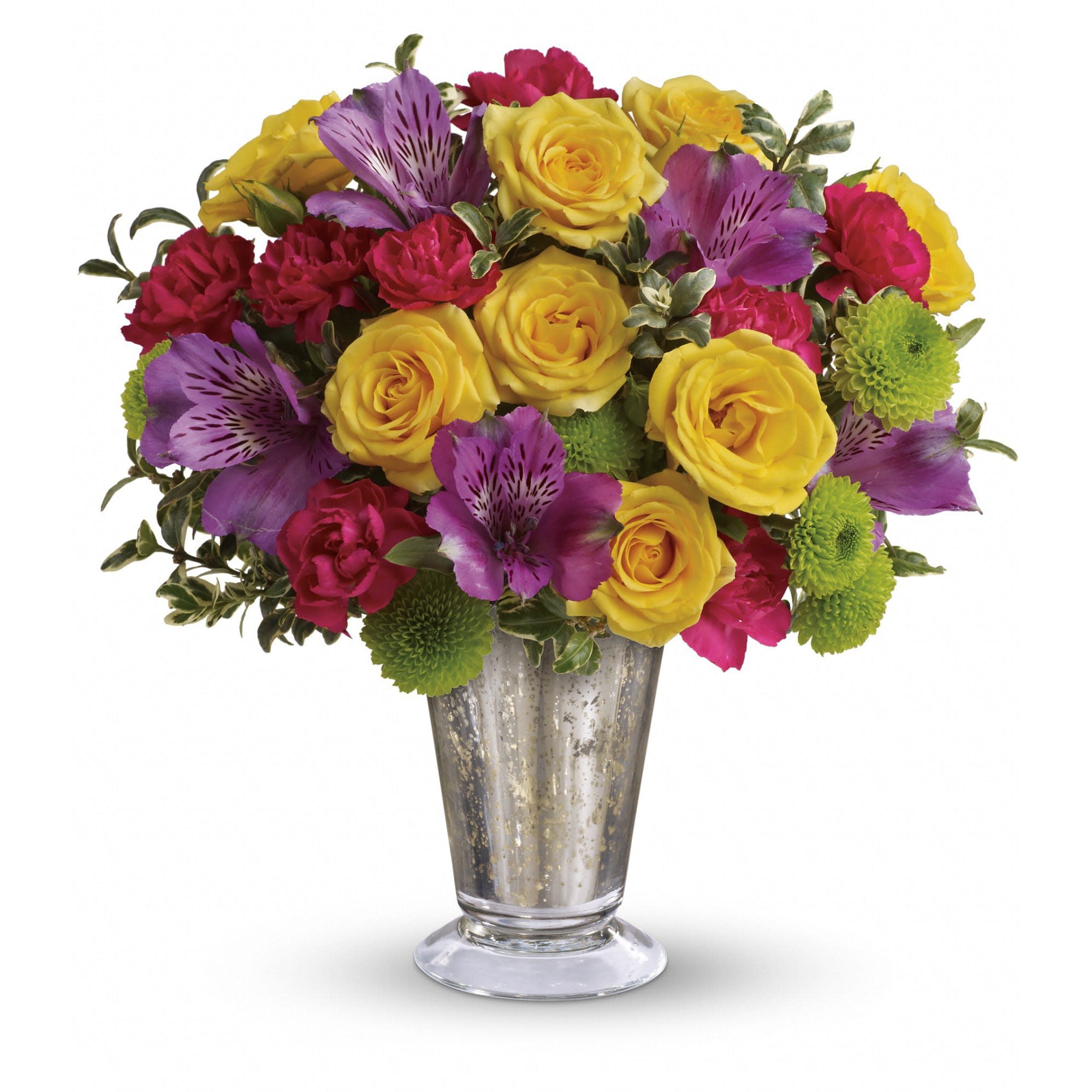 Teleflora's Fancy That Bouquet - A timeless Mercury Glass vase lends a fancy flourish to this uplifting bouquet. Yellow roses and miniature hot pink carnations are just the way to pop up her day! 