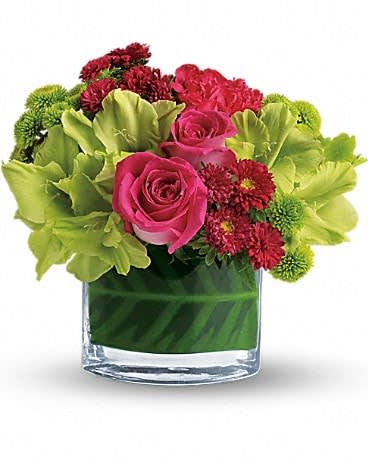 Teleflora's Beauty Secret - We can't keep this beauty a secret any longer. It's just too pretty, too fun and way too fabulous! After all, beauty secrets like this one are even better when they're shared. Hot pink roses, green gladioli, hot pink mini carnations, red matsumoto asters, green button spray chrysanthemums and a calathea leaf are delivered in a distinctive oval vase.