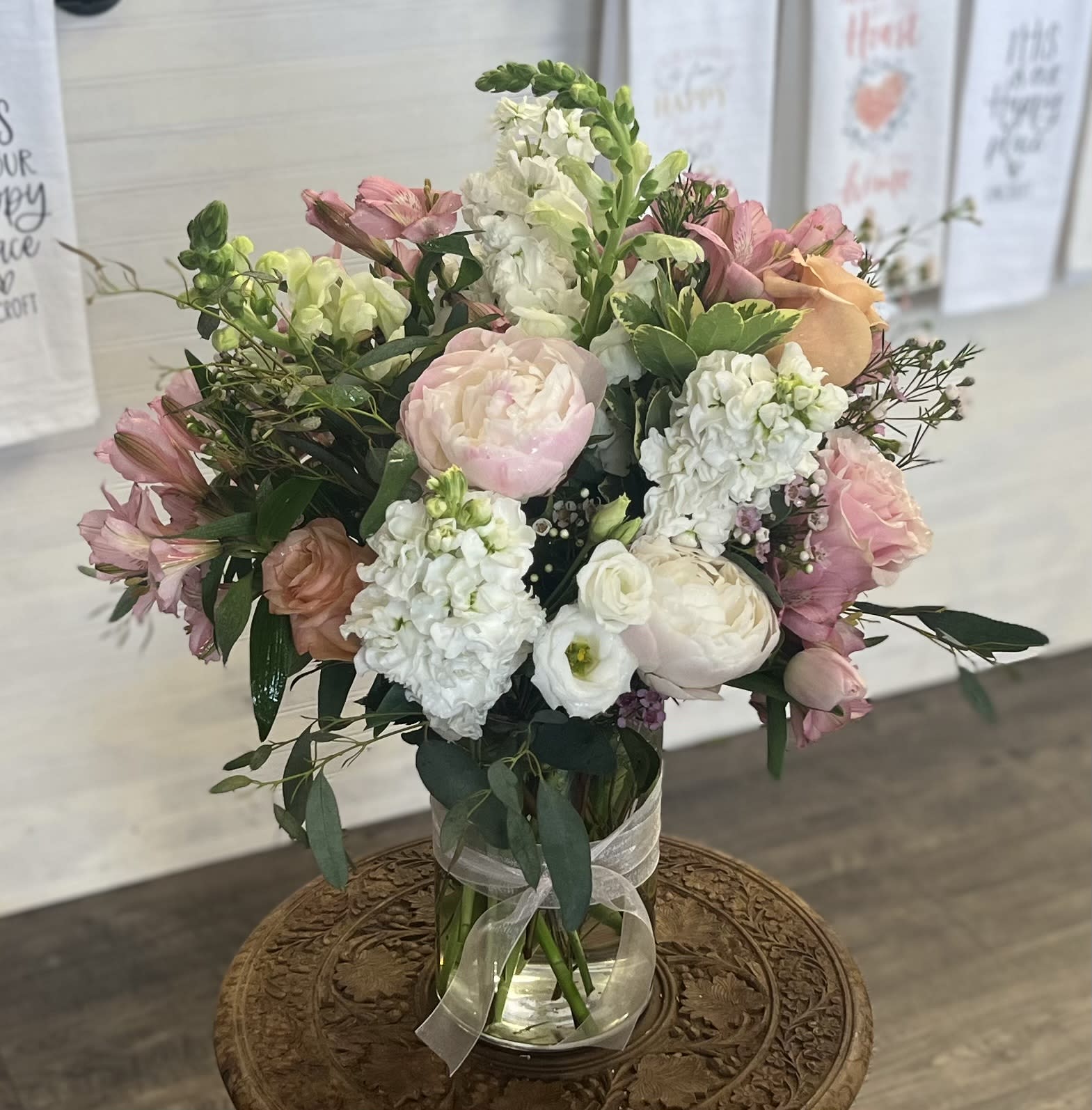 Crazy in Love - This beautiful arrangement has it all. Peony, stock, lizzy, roses, snapdragon and alstroemeria.