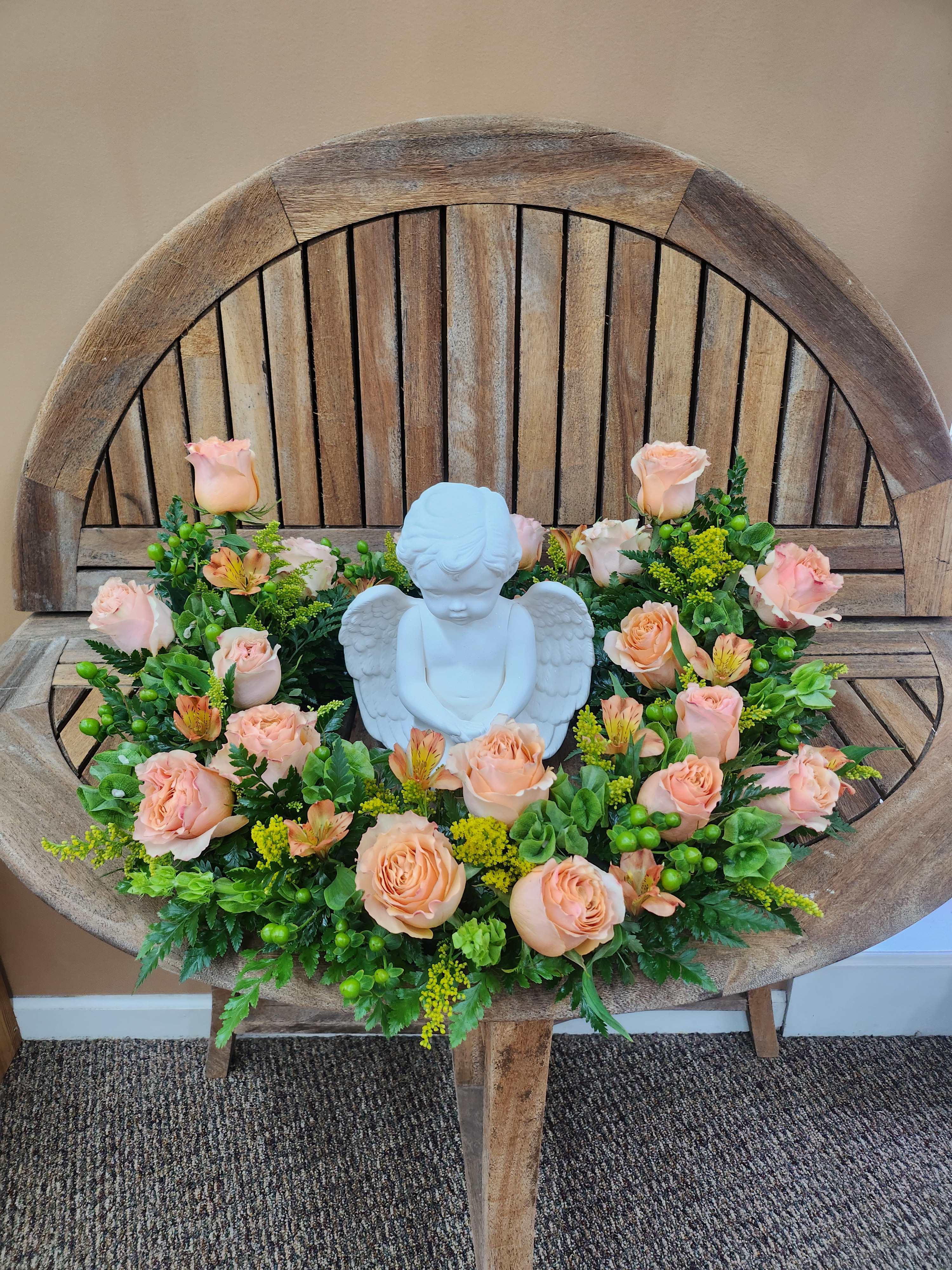 Peach Urn Wreath - Wreath with peaches. Greens and yellows. CHERUB NOT INCLUDED.