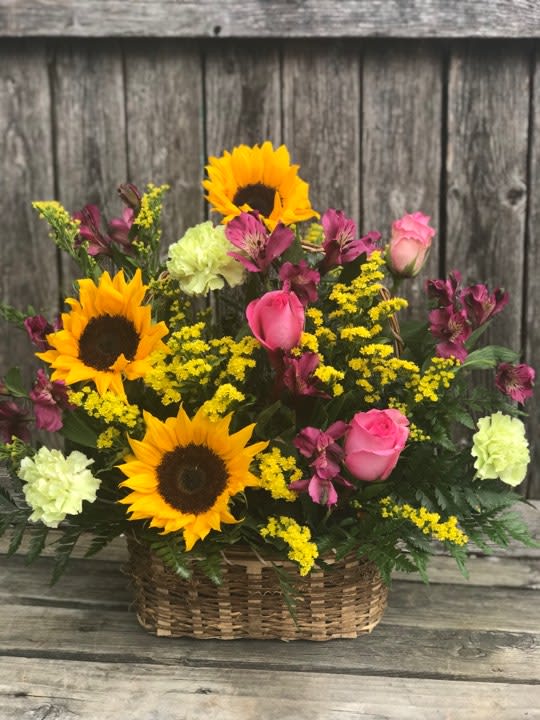 Hello Sunshine - A mix of Spring Flowers with beautiful Sunflowers &amp; Roses.