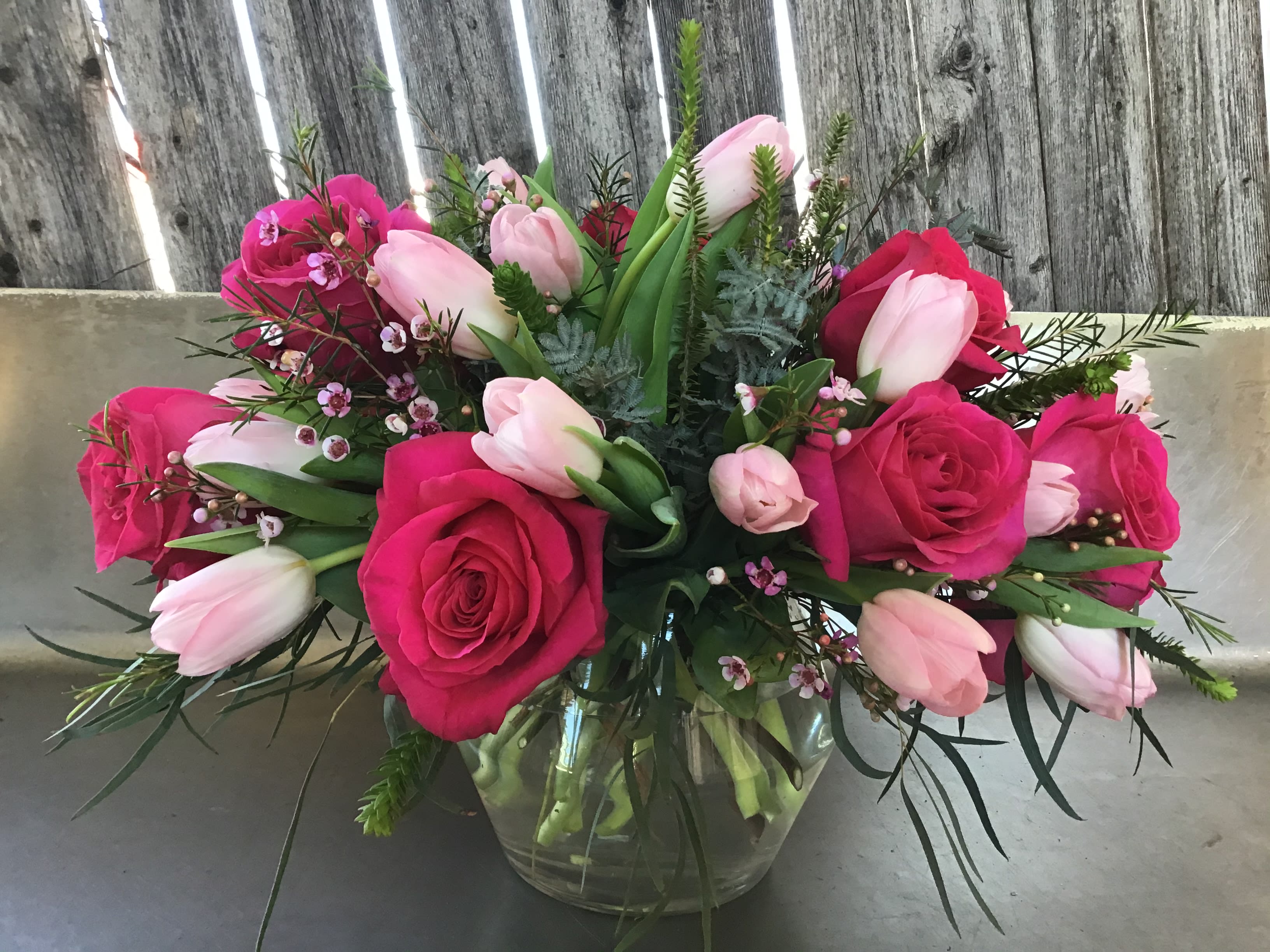 Good Wishes - Spring mix of tulips and Roses.